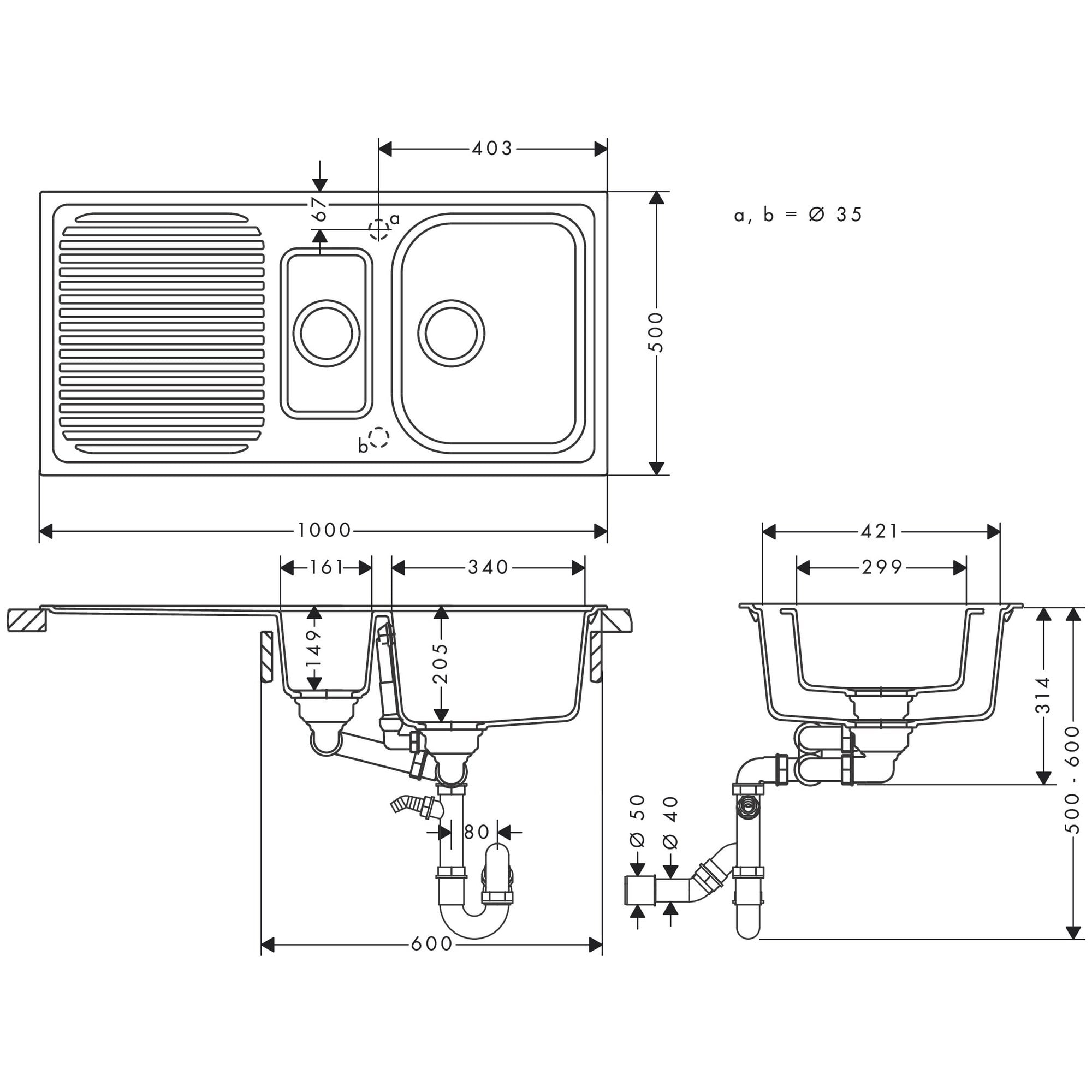 Hansgrohe S52 S520-F525 Ankastre Eviye Otomatik Gider Seti İle 43347380