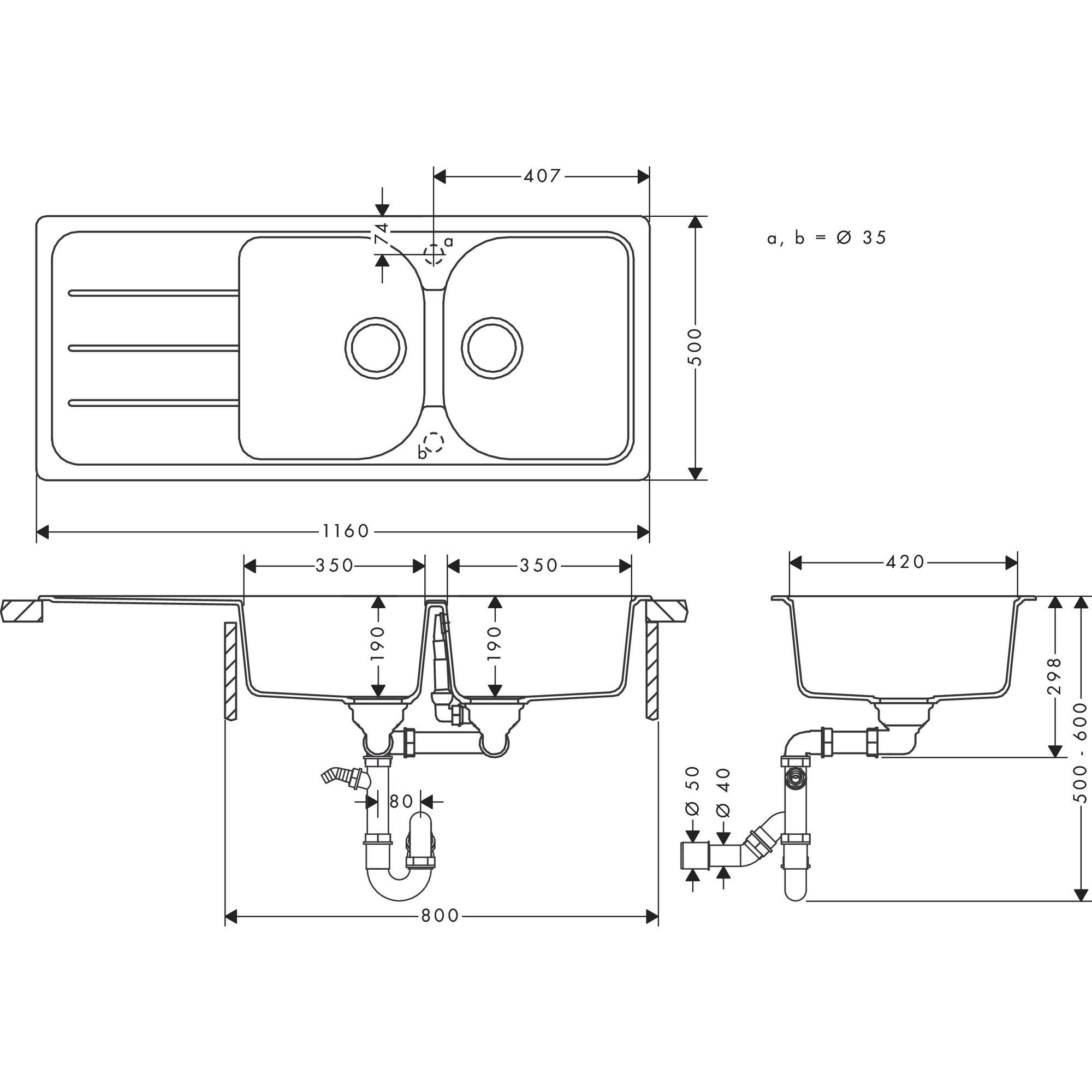 Hansgrohe S52 S520-F735 Ankastre Eviye Otomatik Gider Seti İle 43348380