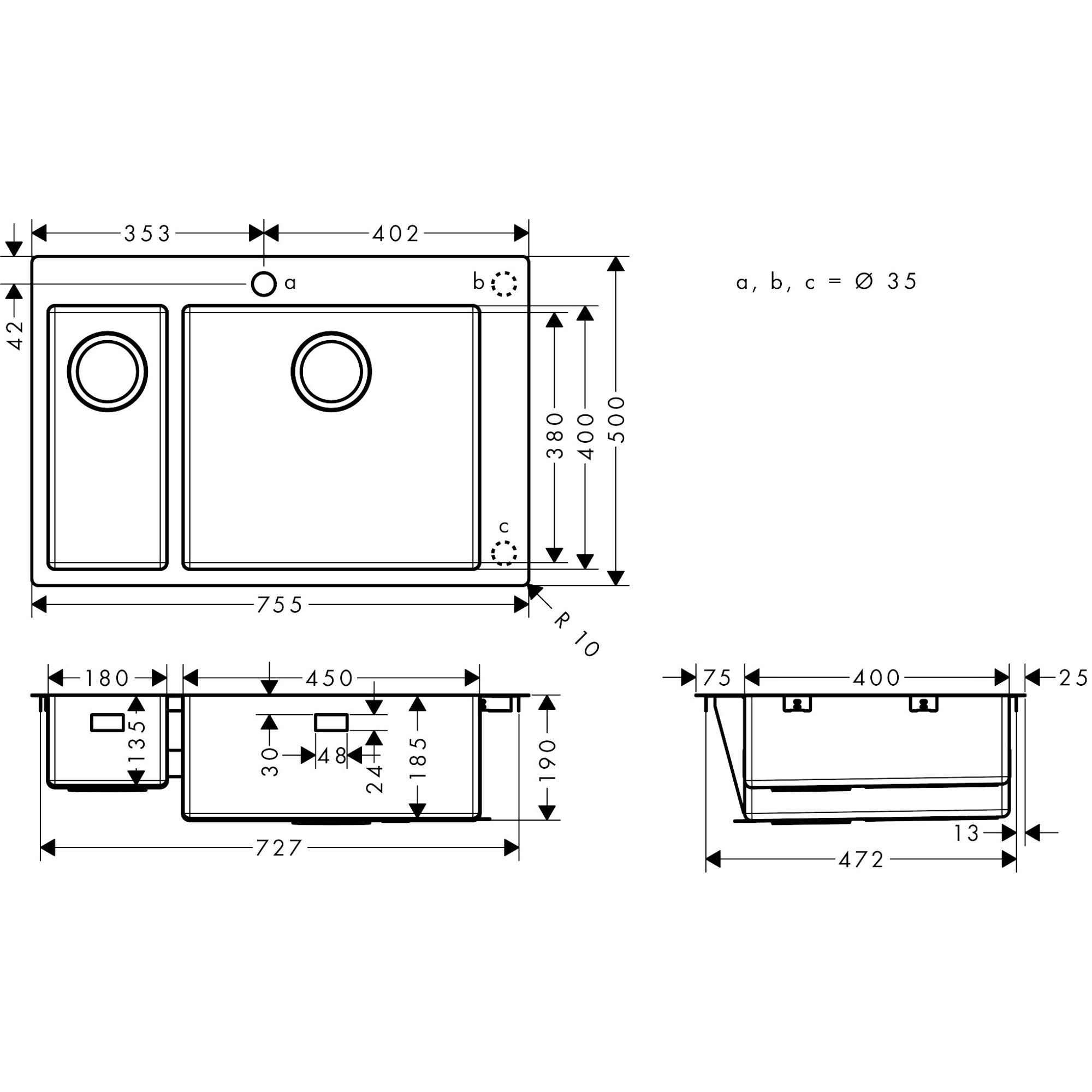 Hansgrohe S711-F655 Tezgah Üstü Eviye 180X450 43309800