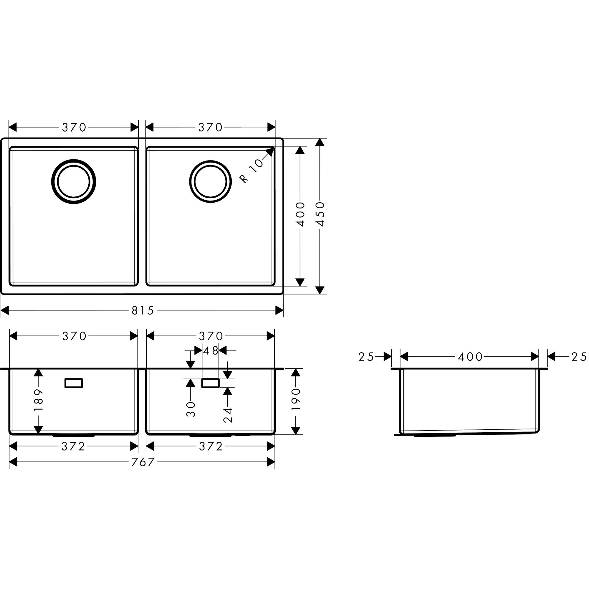 Hansgrohe S719-U765 Tezgah Altı Eviye 370X370 43430800