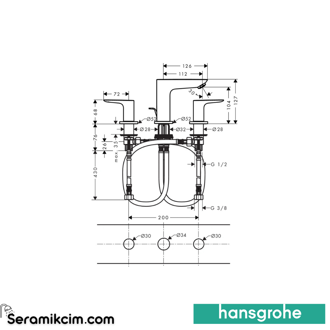 Hansgrohe Talis E 3 Delikli Lavabo Bataryası Sifon Kumandalı Mat Siyah Krom 71733340