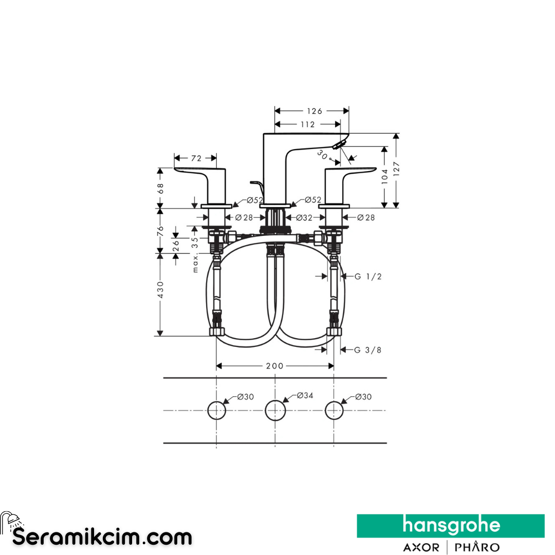 Hansgrohe Talis E 3 Delikli Lavabo Bataryası Sifon Kumandalı Mat Bronz 71733140