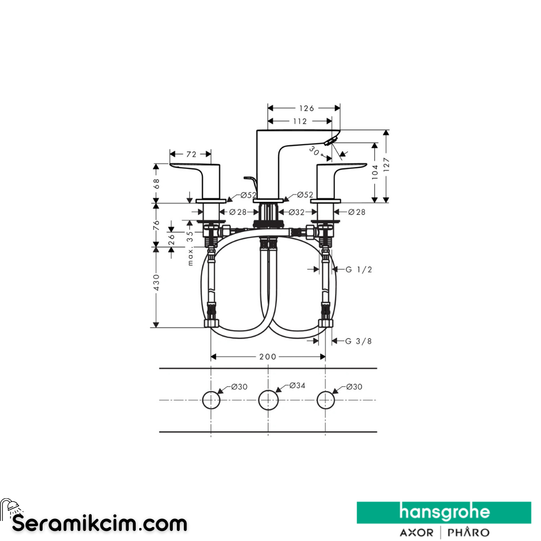 Hansgrohe Talis E 3 Delikli Lavabo Bataryası Sifon Kumandalı Mat Siyah 71733670