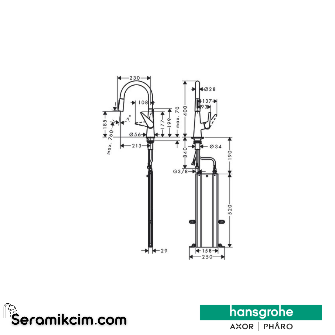 Hansgrohe Talis M51 H200 Tek Kollu Eviye Bataryası Spiralli 2 Jet sBox 73851000