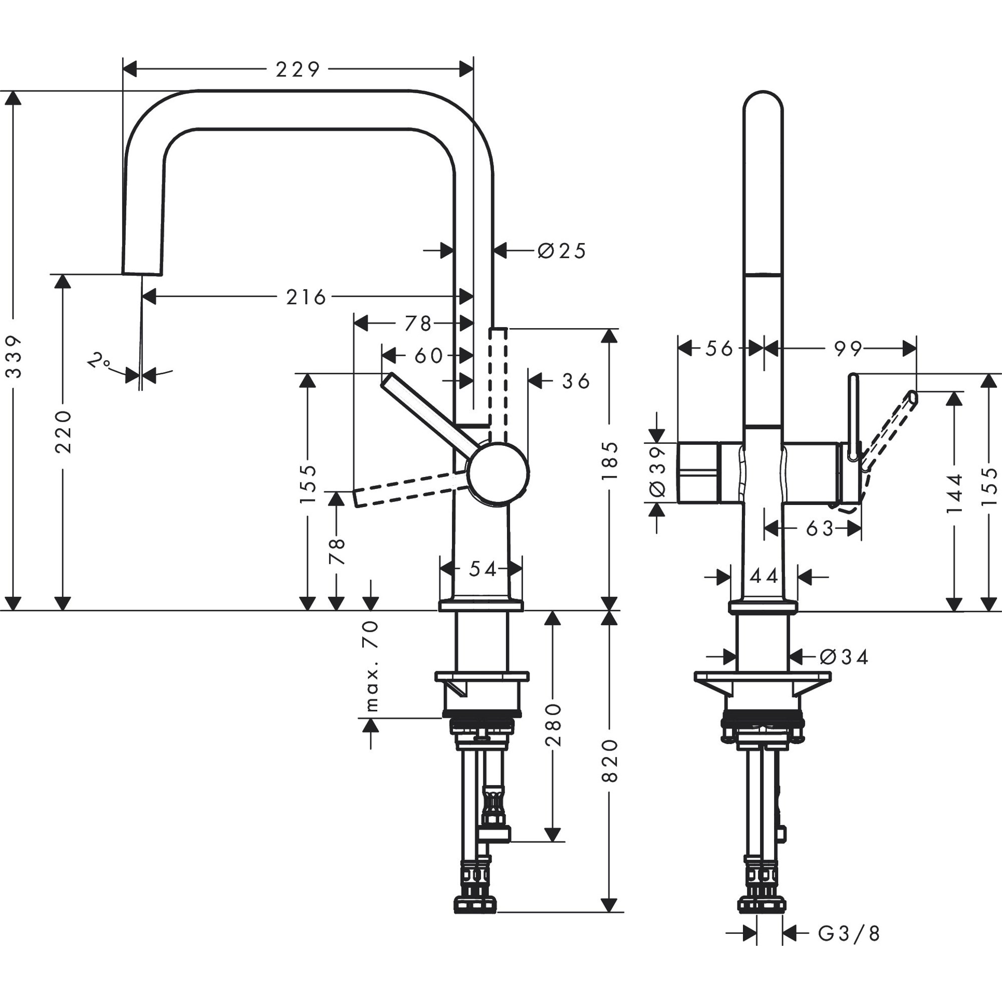 Hansgrohe Talis M54 Eviye Bataryası U 220, Açma-Kapama Valfi,1 Fonksiyonlu 72807000