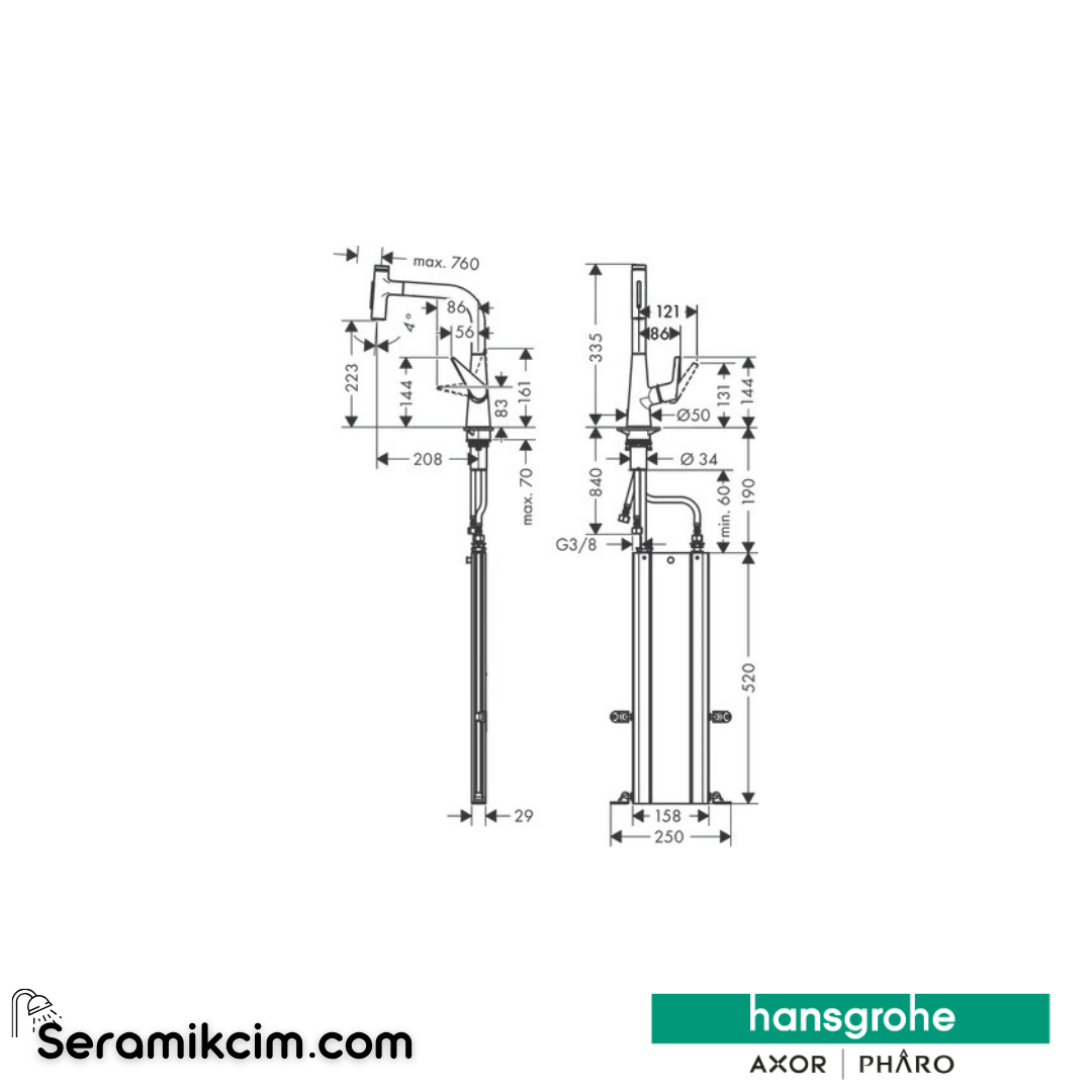 Hansgrohe Talis Select M51 H220 Tek Kollu Eviye Bataryası Spiralli 2 Jet Sbox Krom 73868000