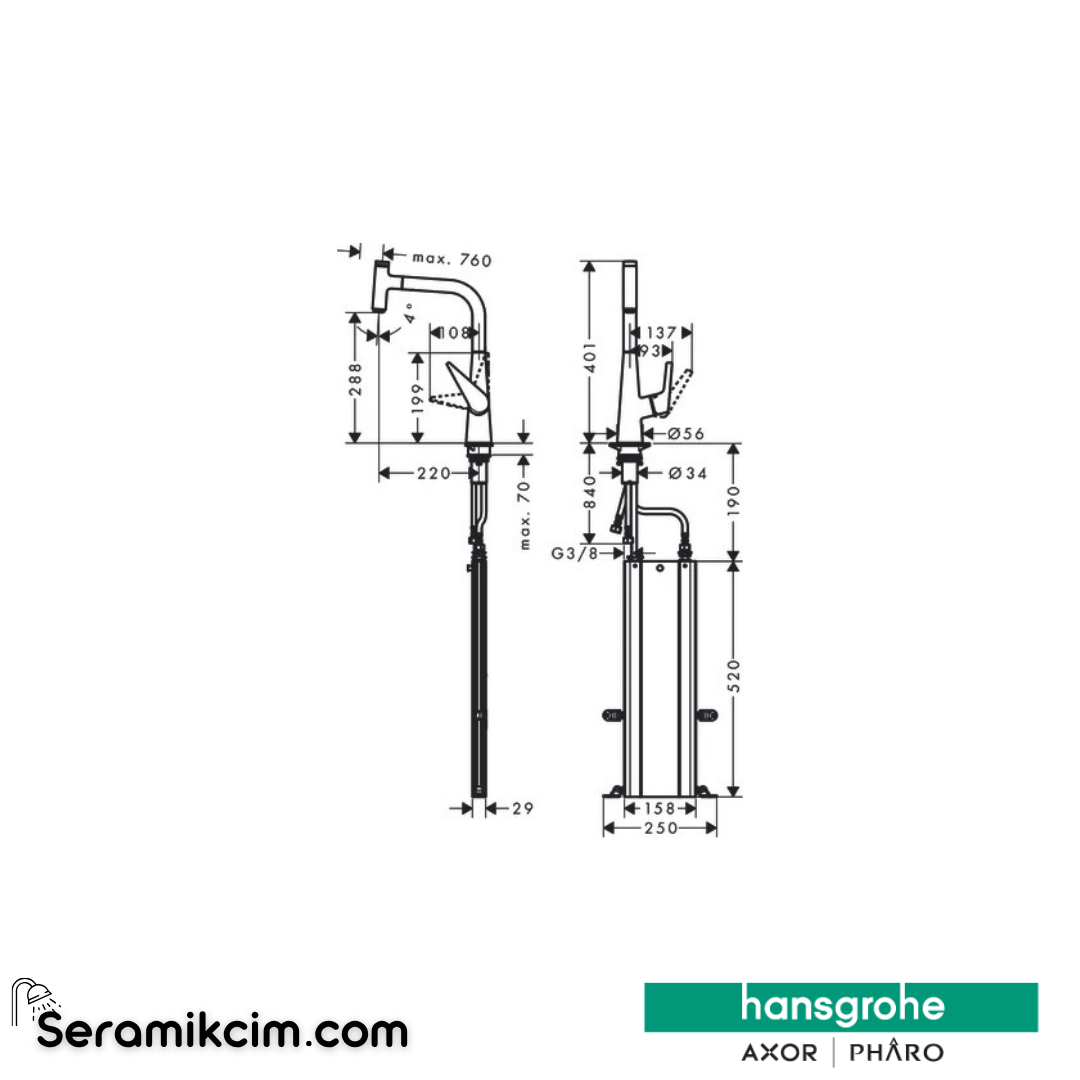 Hansgrohe Talis Select M51 H300 Tek Kollu Eviye Bataryası Spiralli 1 Jet sBox Krom 73853000