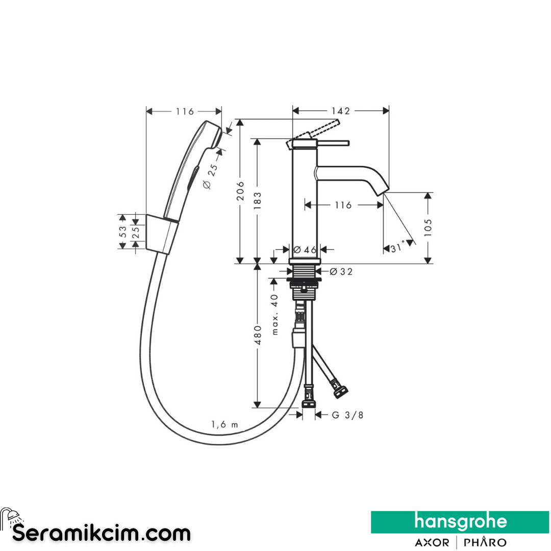 Hansgrohe Tecturis S 110 Lavabo Bataryası Bidette El Duşu Ve Duş Hortumu 160 Cm İle Krom 73211000