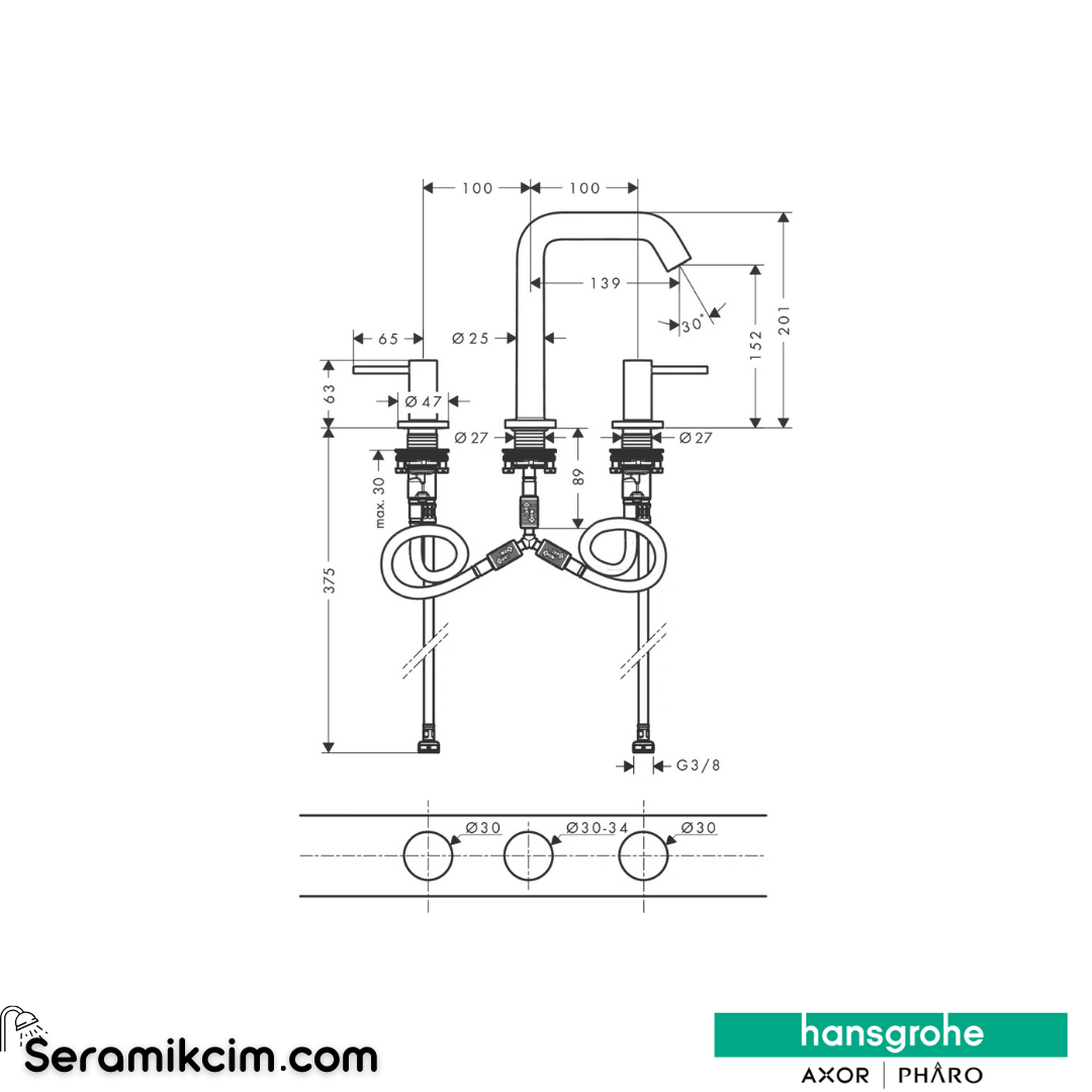 Hansgrohe Tecturis S 150 Lavabo Bataryası 3 Delikli Ecosmart+ Bas-Aç Gider Seti İle Krom 73330000