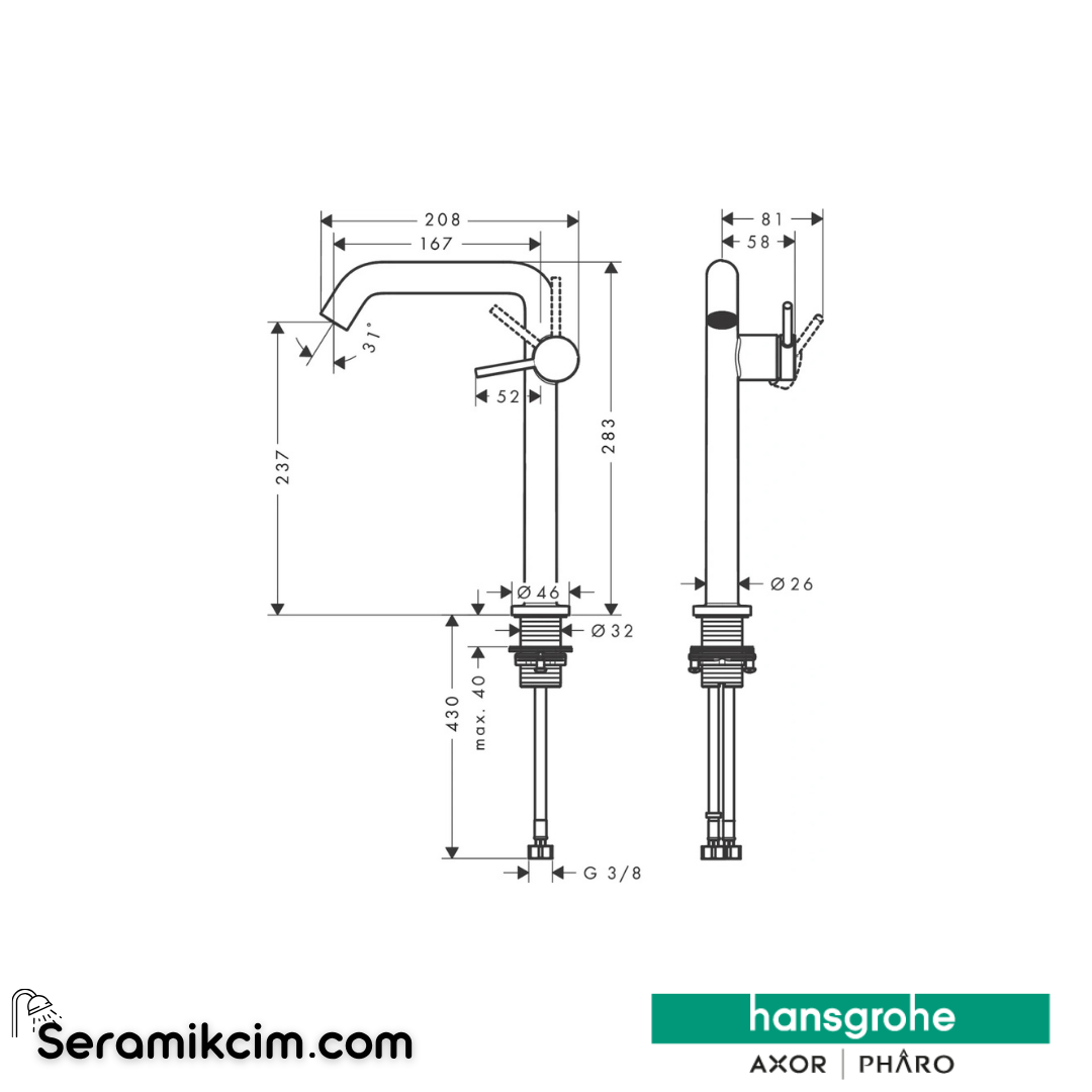 Hansgrohe Tecturis S 240 Fine Çanak Lavabo Bataryası Coolstart Ecosmart+ Bas-Aç Gider Seti İle Krom 73370000