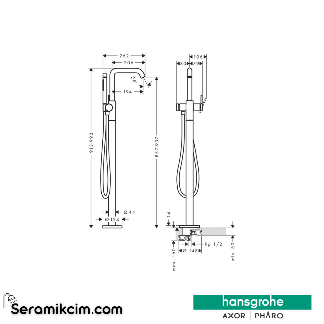 Hansgrohe Tecturis S Yerden Küvet Bataryası 73440140