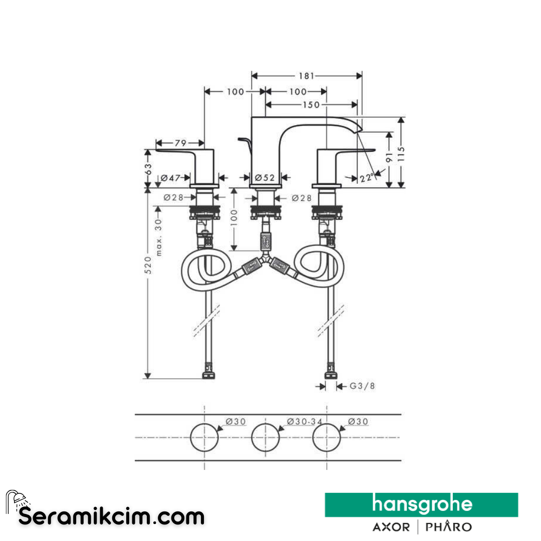 Hansgrohe Vivensis 3 Delikli Lavabo Bataryası 90 Kumandalı Mat Siyah 75033670