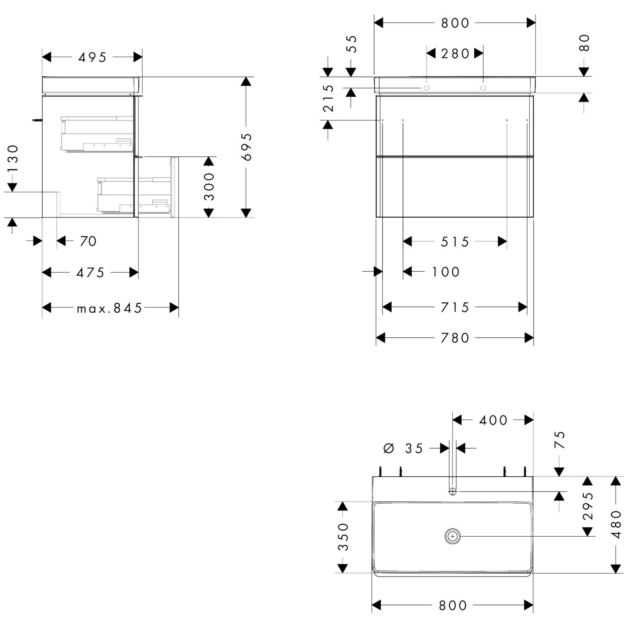 Hansgrohe Xelu Q Lavabolu Banyo Dolabı Seti 78x47,5 cm 2 Çekmeceli Doğal Meşe 54376000