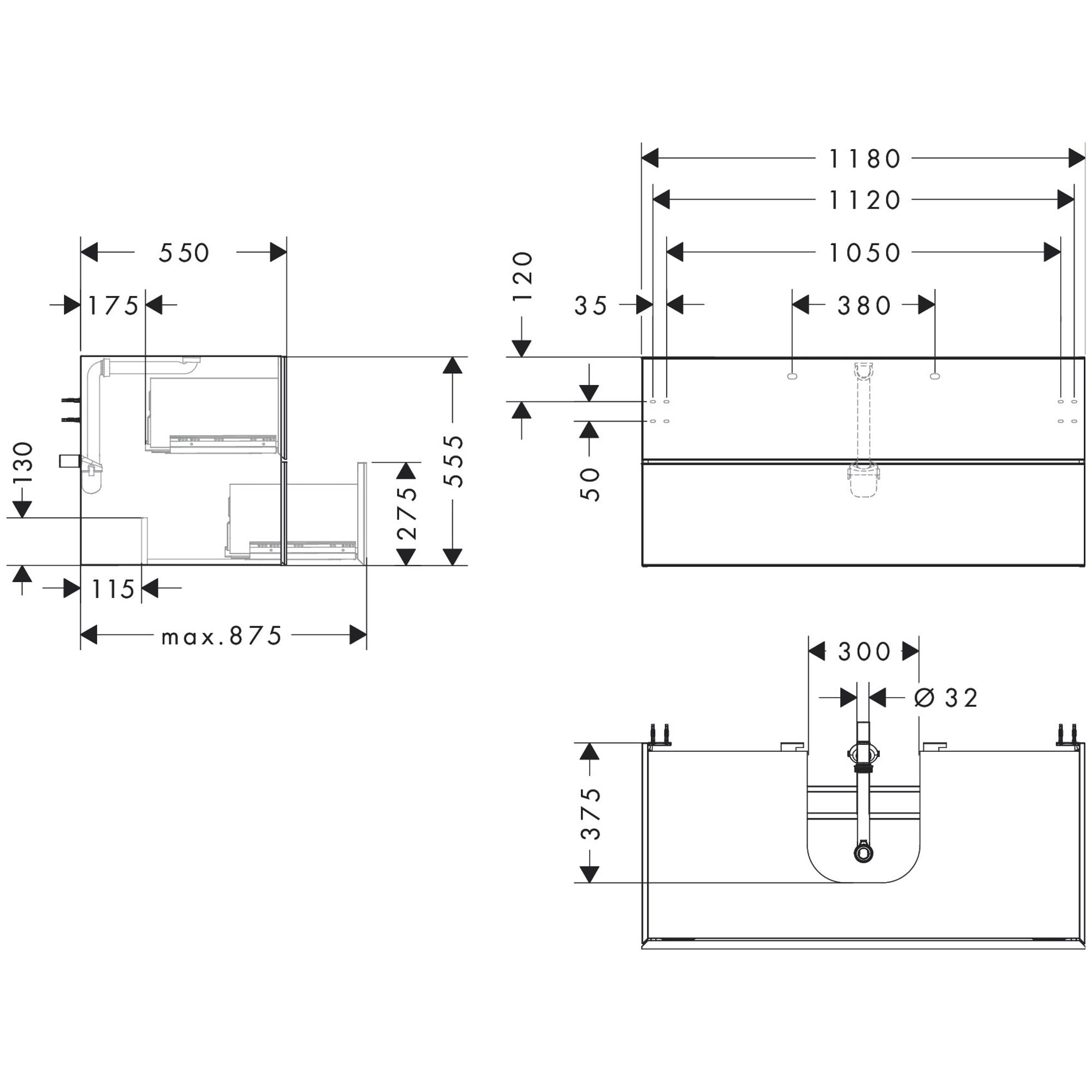 Hansgrohe Xevolos E Lavabo Dolabı 118x55 cm 2 Çekmeceli Konsol İçin Mat Kum Beji-Metalik Kum Beji 54194790