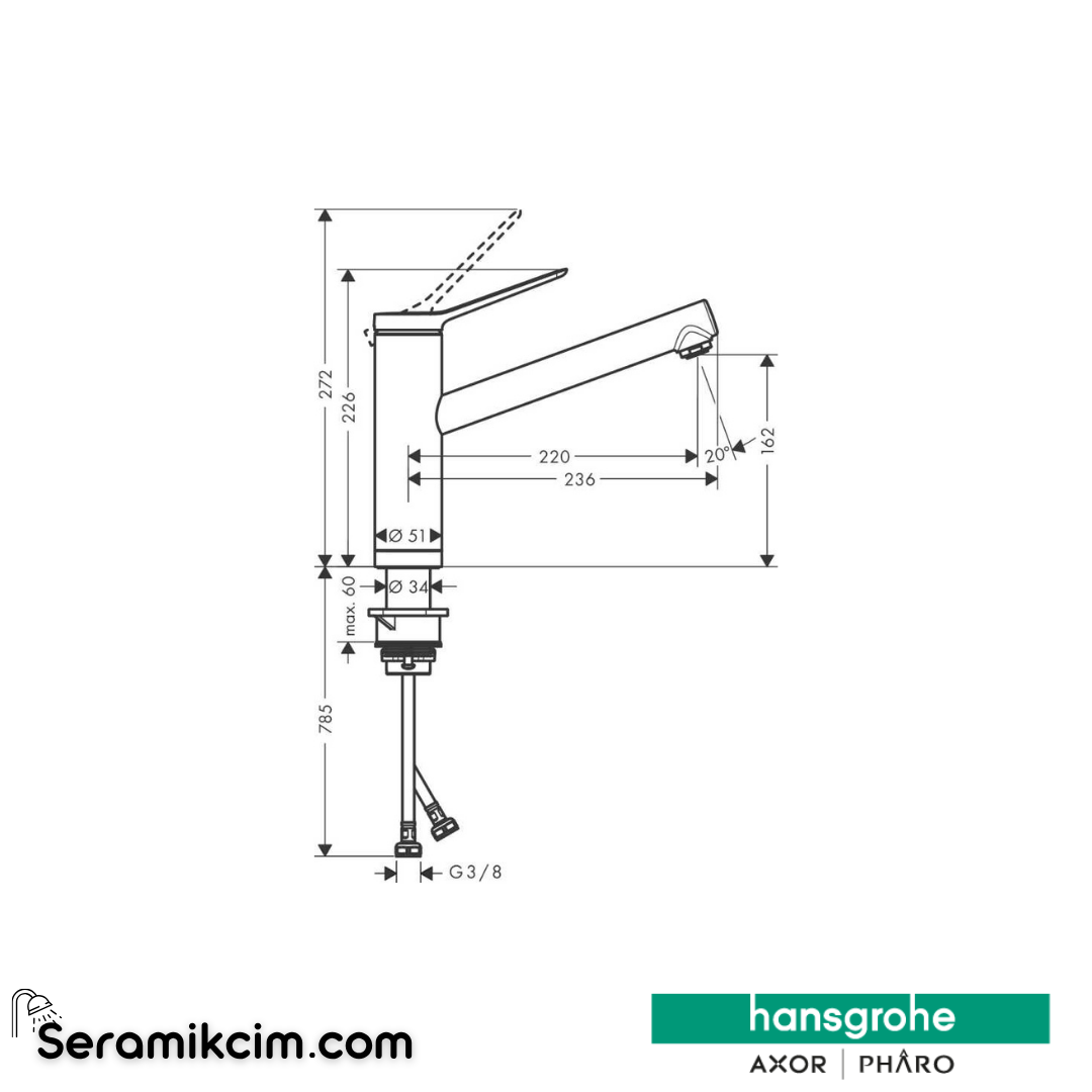 Hansgrohe Zesis M33 Tek Kollu Eviye Bataryası 160, Pencere Önü Montaj, 1Jet Krom 74805000