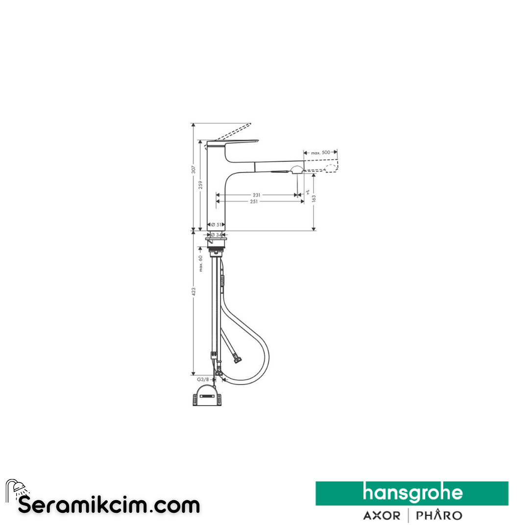 Hansgrohe Zesis M33 Tek Kollu Eviye Bataryası, 160, 2Jet, Spiralli Mat Siyah 74804670