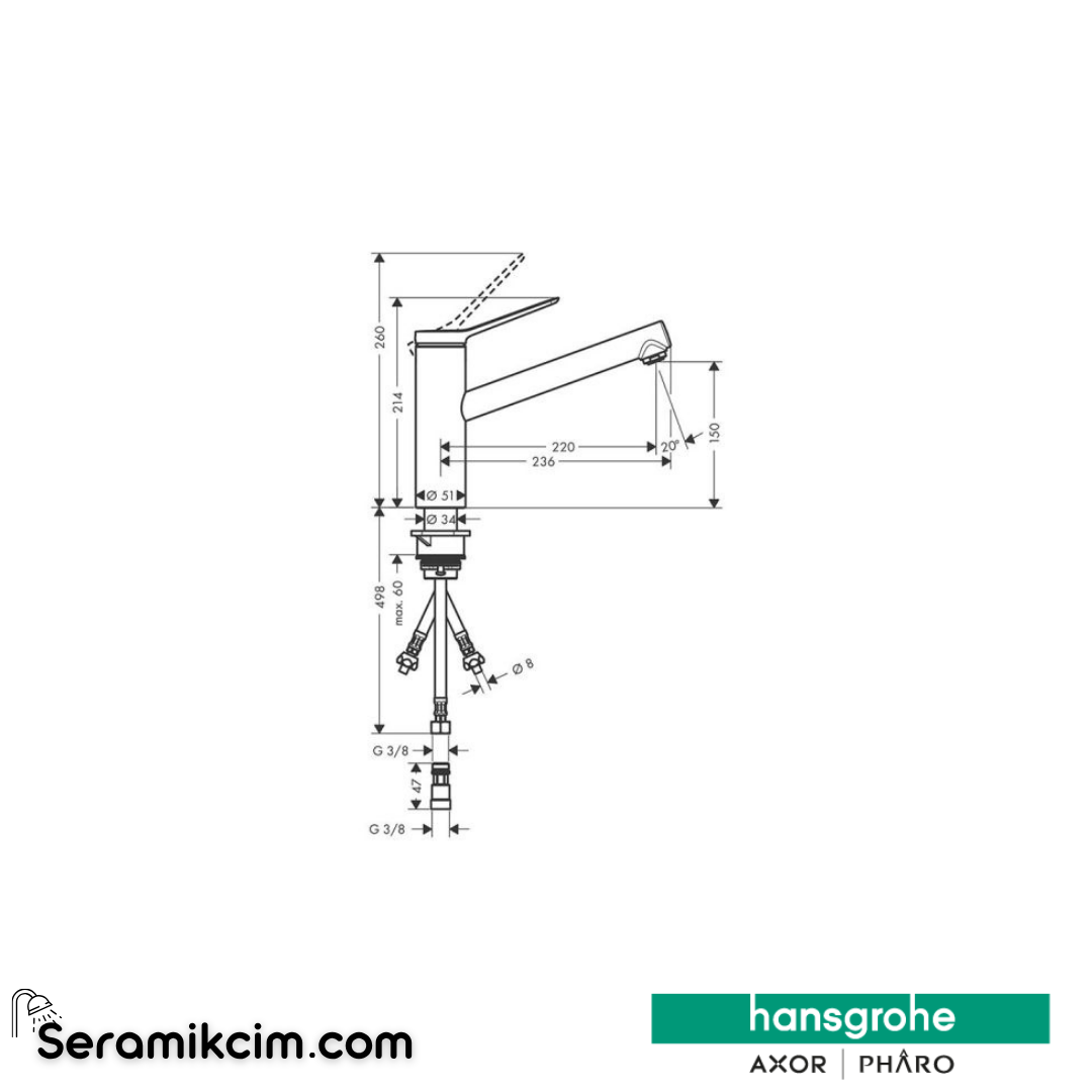 Hansgrohe Zesis M33 Tek Kollu Eviye Bataryası 150, Lowpressure/Açık Su Isıtıcıları,1Jet Krom 74806000