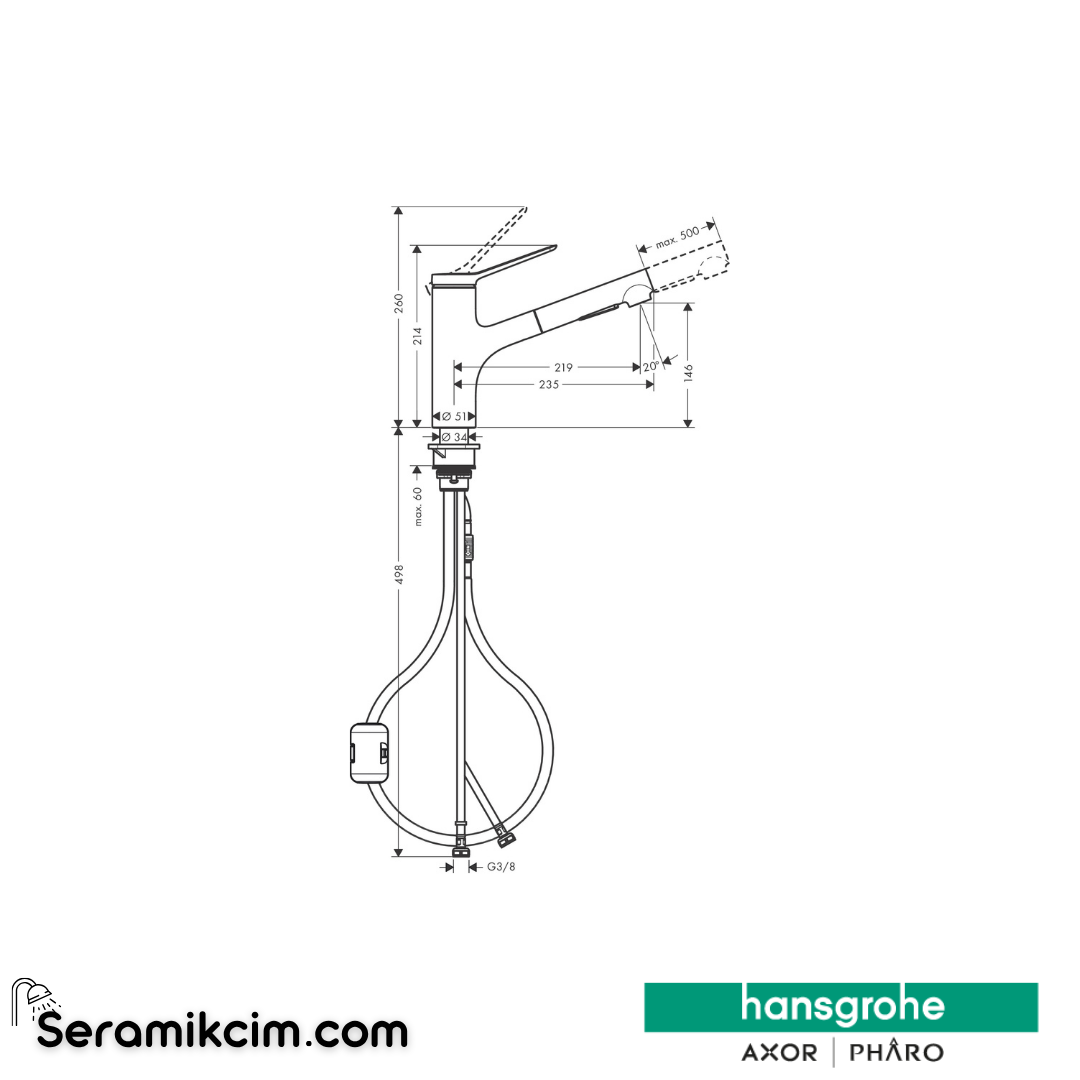 Hansgrohe Zesis M33 Tek Kollu Eviye Bataryası 150, Eco, Çekil Eviye Bataryası El Duşu, 2Jet Spiralli Krom 74810000