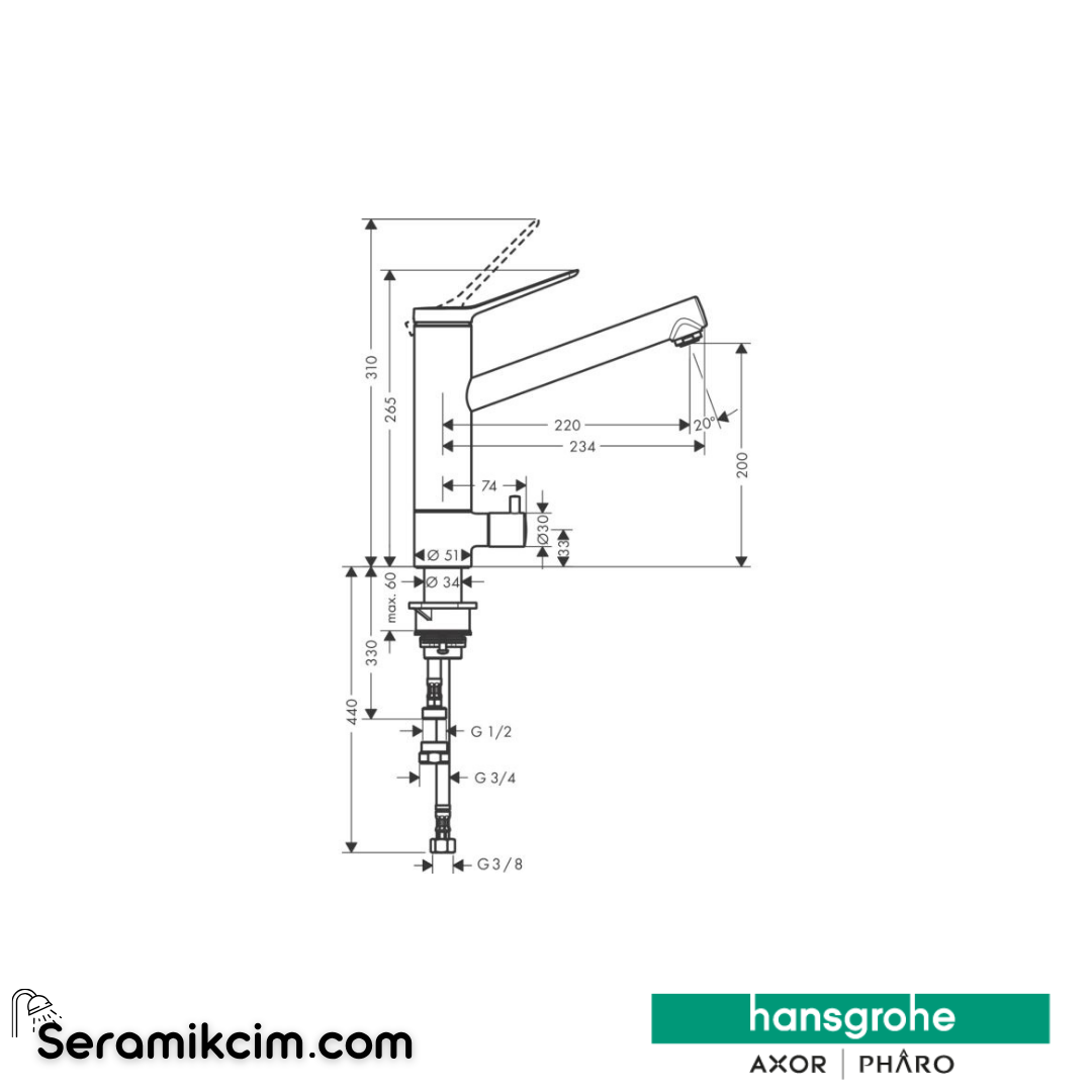 Hansgrohe Zesis M33 Tek Kollu Eviye Bataryası 200, Açma-Kapama Valfi, 1Jet Krom 74808000