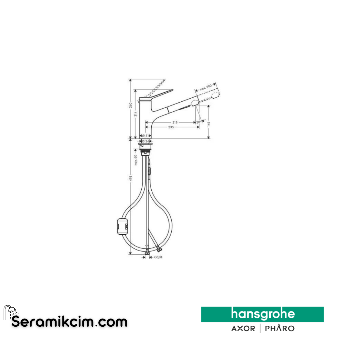 Hansgrohe Zesis M33 Tek Kollu Eviye Bataryası 150, 2Jet Spiralli Krom 74800000