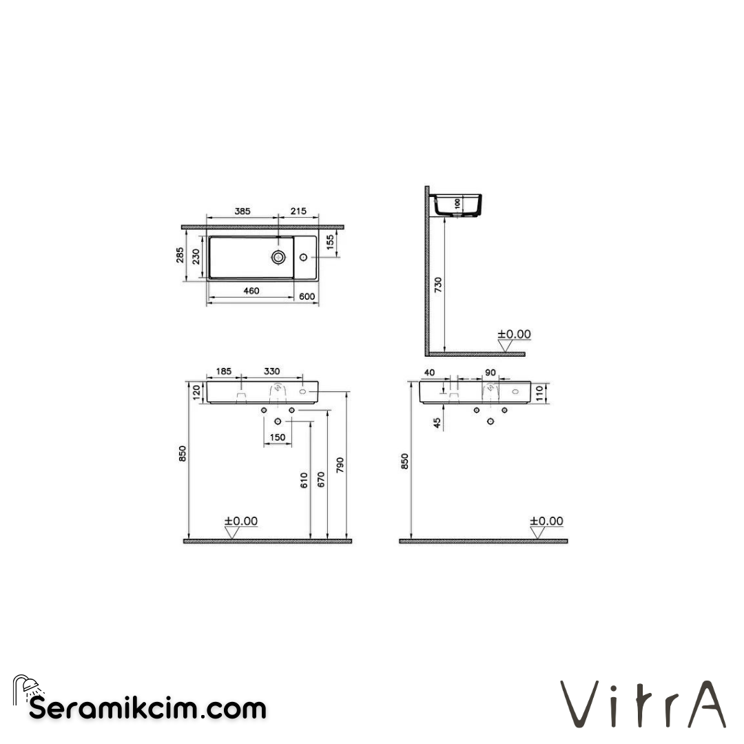 itrA Archiplan Lavabo Kompakt, 60x28 cm Sağdan Tek Armatür Delikli, Su Taşma Delikli, Beyaz - 7406B003-0029