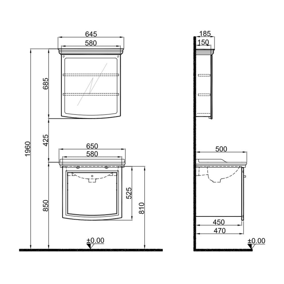 Kale Banyo Arte+ 65 Cm Set Mat Antrasit (Lavabo+Lavabo Dolabı+Ayna Dolabı) Krom Kulp - 610100200765