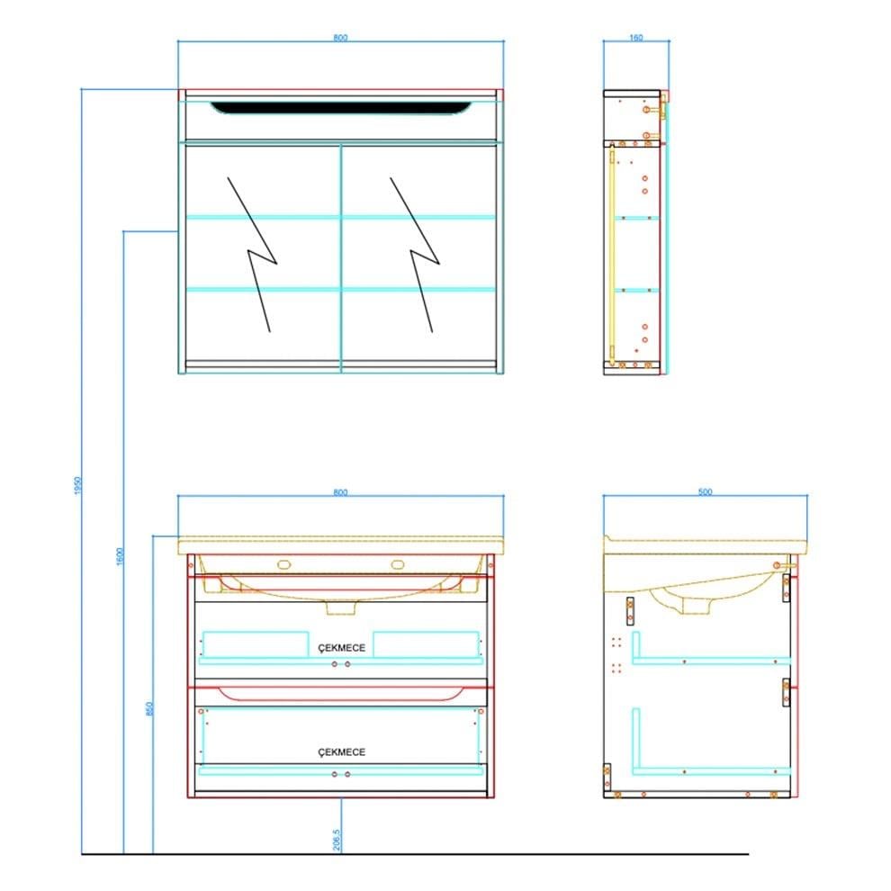 Kale Banyo Casilla 80cm Set (İdea 2.0 Lavabo+Lavabo Dolabı+Ayna Dolabı) Satin Gri - 610100201231