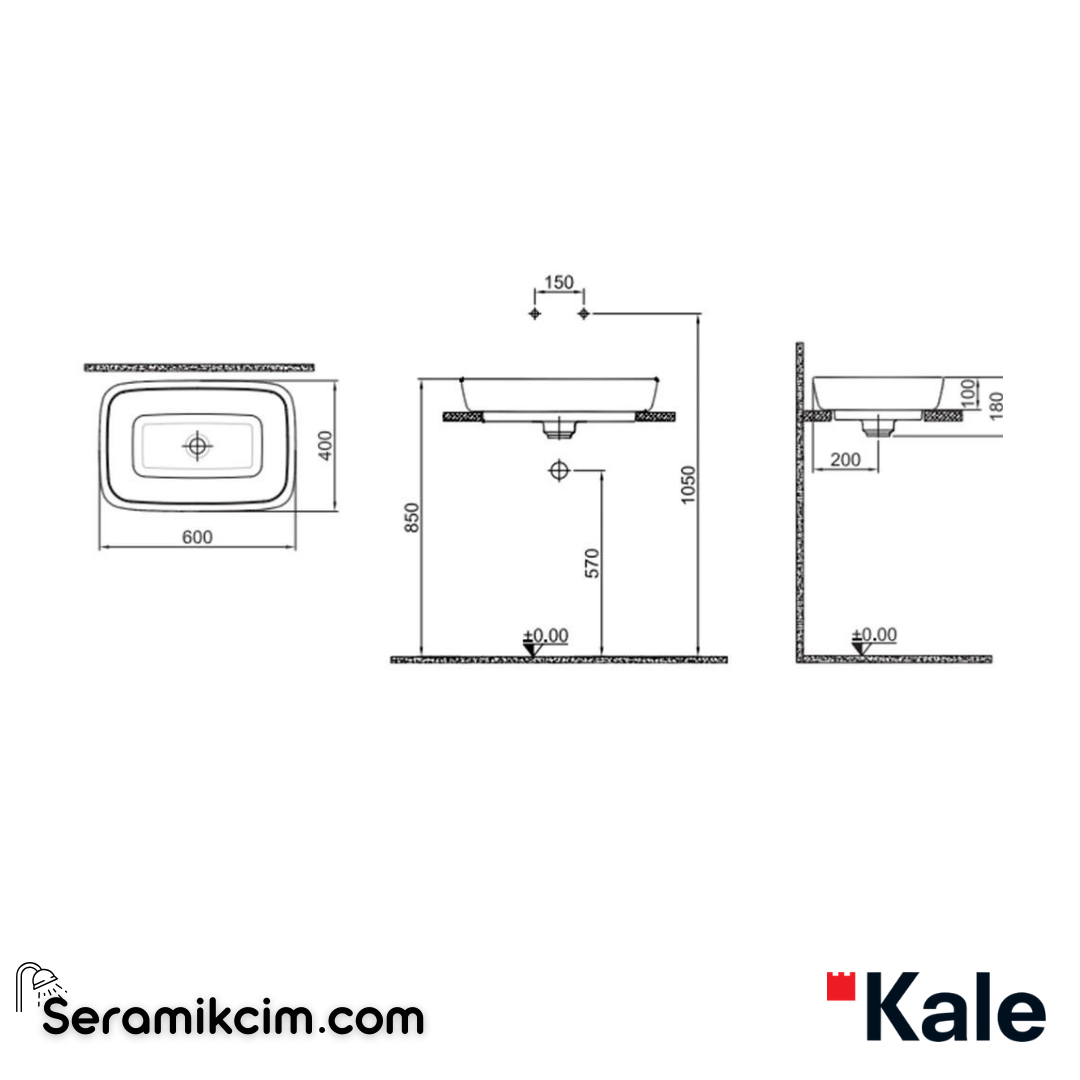 Kale Banyo Dove 60X40 Dikdörtgen Çanak Lavabo Mat Siyah -Altın Dekor - 310200200638