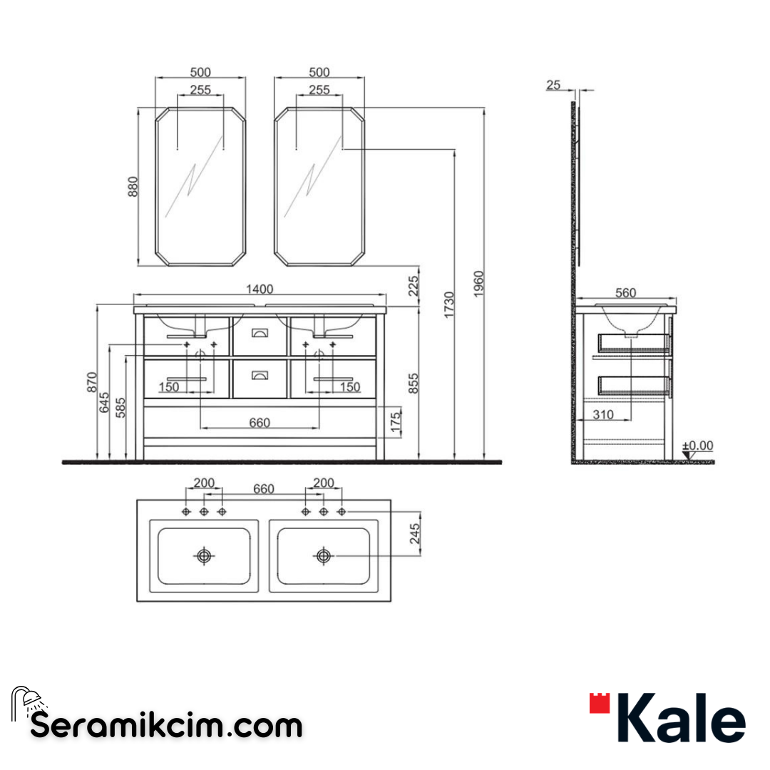 Kale Banyo Grandhome 140Cm Ayna Dahil Set Mat Adaçayı Yeşili/Asteroid Tezgah - Mat Altın Kulp - 610100201470
