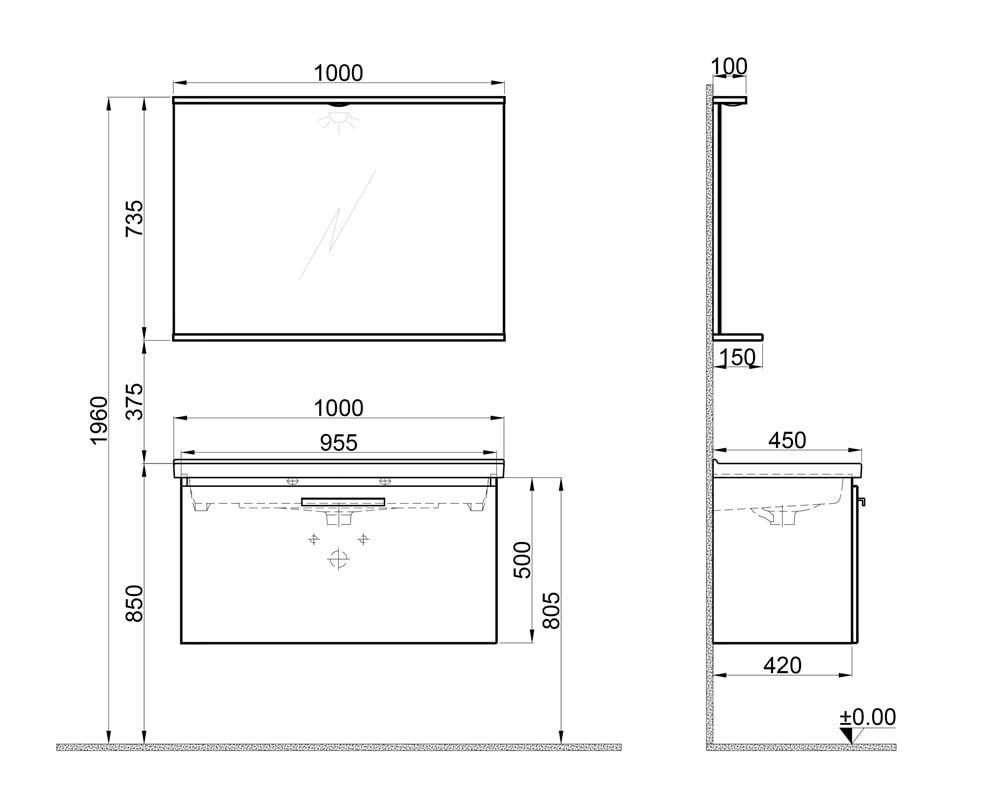 Kale Banyo Gris 100cm Set Siyah/Gri (Lavabo+Lavabo Dolabı+Aydınlatmalı Ayna Etajer) - 610100200894