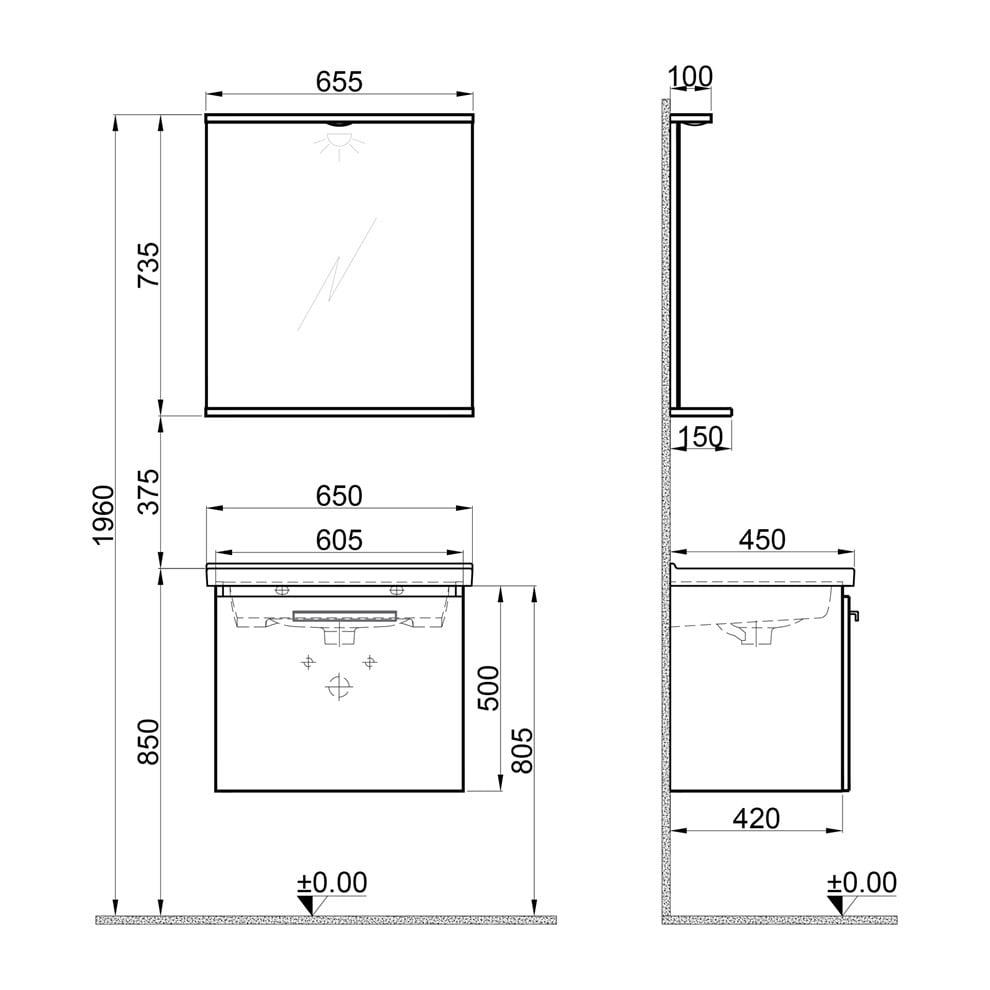Kale Banyo Gris 65Cm Set Siyah/Gri (Lavabo+Lavabo Dolabı+Aydınlatmalı Ayna Etajer) - 610100200892