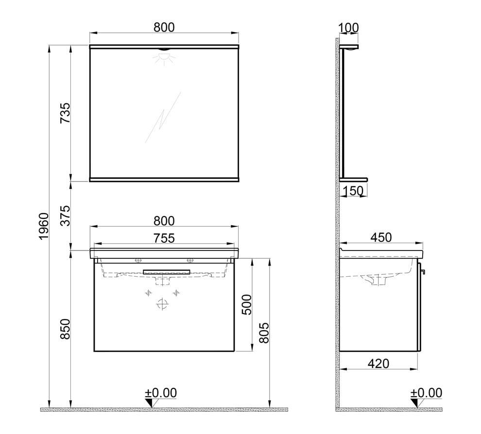 Kale Banyo Gris 80Cm Set Siyah/Gri (Lavabo+Lavabo Dolabı+Aydınlatmalı Ayna Etajer) - 610100200893