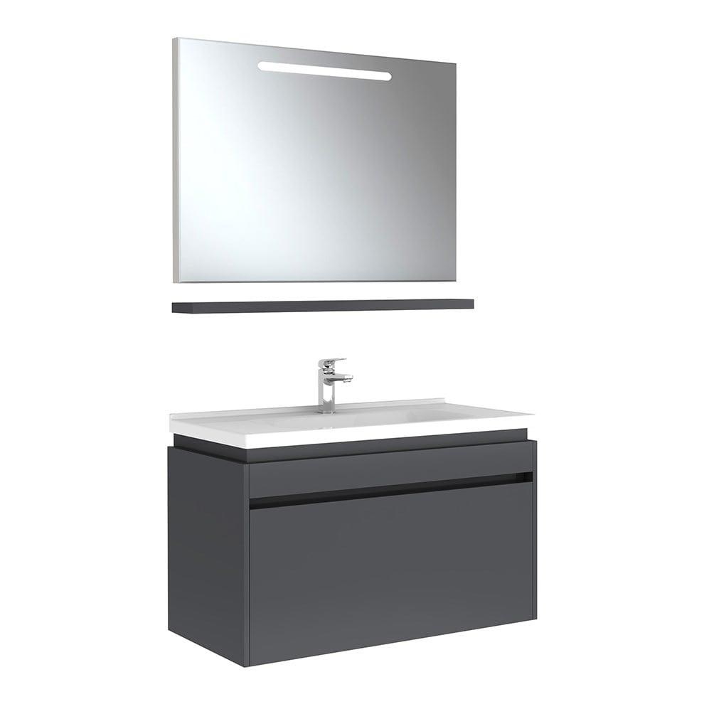 Kale Banyo İdea 2.0 (Durabad) 100Cm Set Parlak Antrasit (Tek Çekmeceli Lavabo Dolabı+Aydınlatmalı Ayna+Etajer) - 610100200507