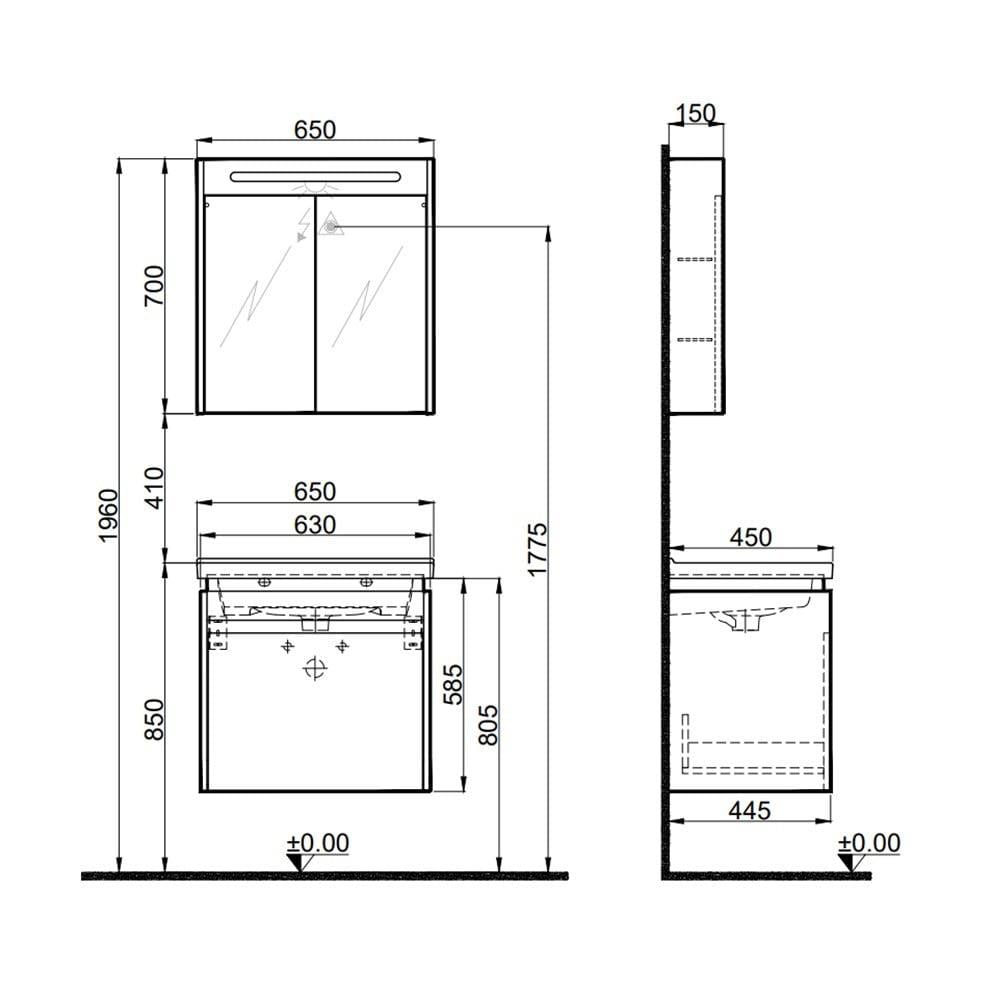 Kale Banyo İdea 2.0 (Durabad) 65Cm Set Pasifik A (Lavabo+Tek Çekmeceli Lavabo Dolabı+Aydınlatmalı Ayna Dolabı) - 610100200488