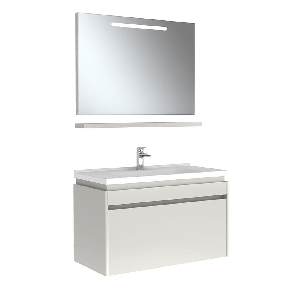 Kale Banyo İdea 2.0 (Durabad) 100Cm Set Parlak Beyaz (Tek Çekmeceli Lavabo Dolabı+Aydınlatmalı Ayna+Etajer) - 610100200506