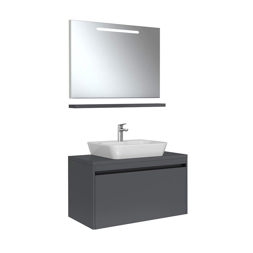 Kale Banyo İdea 2.0 (Durabad) 100Cm Set Parlak Antrasit (Tek Çekmeceli+Çanak Lavabo+Aydınlatmalı Ayna+Etajer) - 610100200609