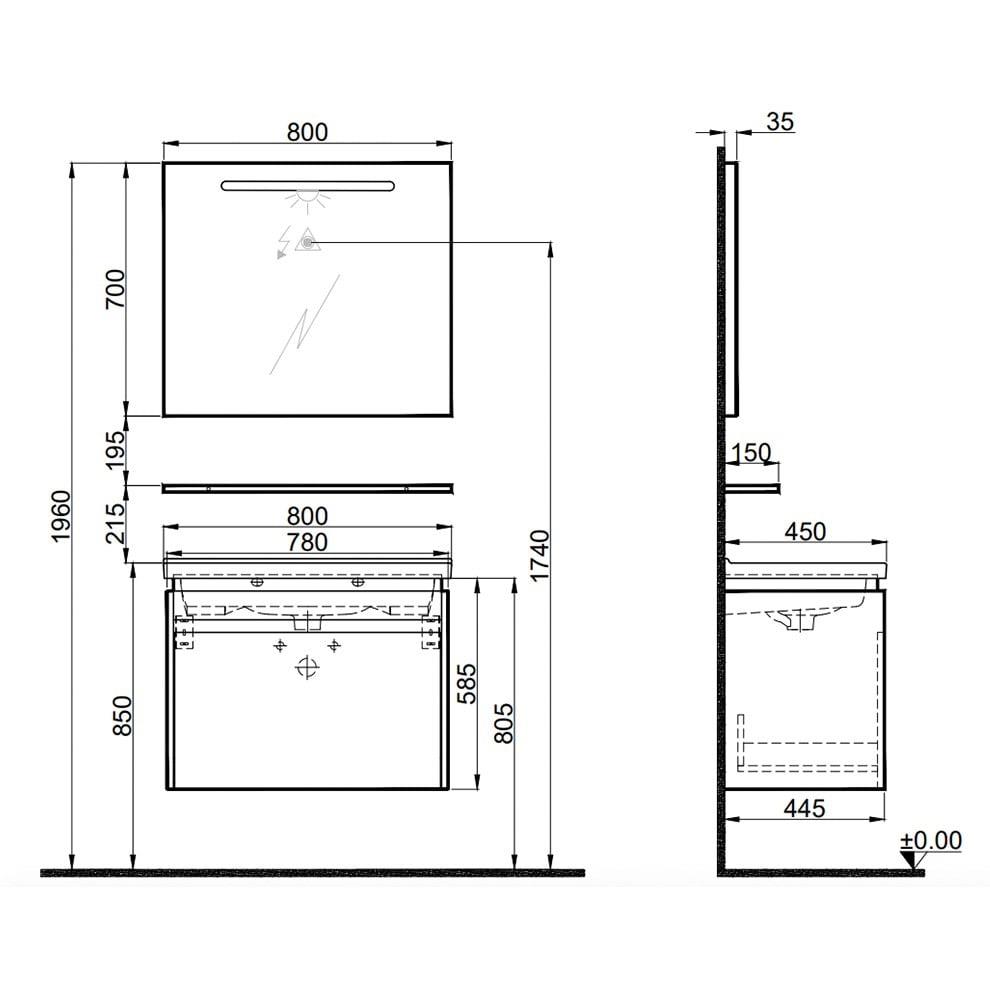 Kale Banyo İdea 2.0 (Durabad) 80Cm Set Parlak Antrasit (Lavabo+Tek Çekmeceli Lavabo Dolabı+Aydınlatmalı Ayna+Etajer) - 610100200503