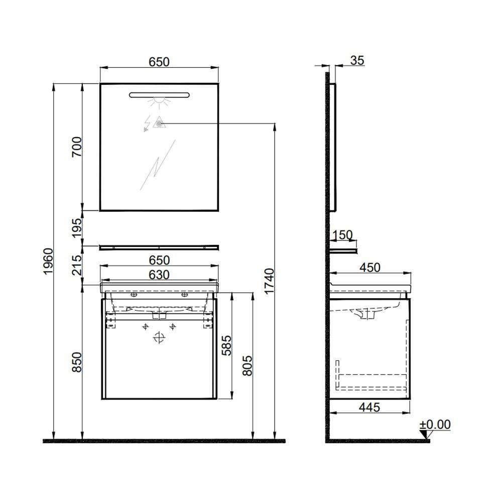 Kale Banyo İdea 2.0 (Durabad) 65Cm Set Parlak Beyaz (Lavabo+Tek Çekmeceli Lavabo Dolabı+Aydınlatmalı Ayna+Etajer) - 610100200498