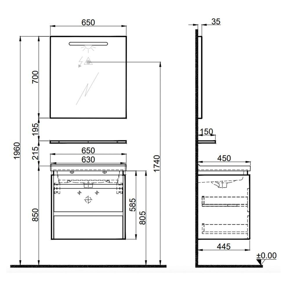 Kale Banyo İdea 2.0 (Durabad) 65Cm Set Parlak Antrasit (Lavabo+Çift Çekmeceli Lavabo Dolabı+Aydınlatmalı Ayna+Etajer) - 610100200523