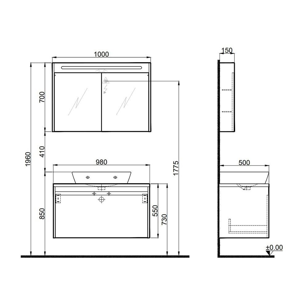 Kale Banyo İdea 2.0 (Durabad) 100Cm Set Parlak Beyaz (Tek Çekmeceli+Çanak Lavabo+Aydınlatmalı Ayna Dolabı) - 610100200596