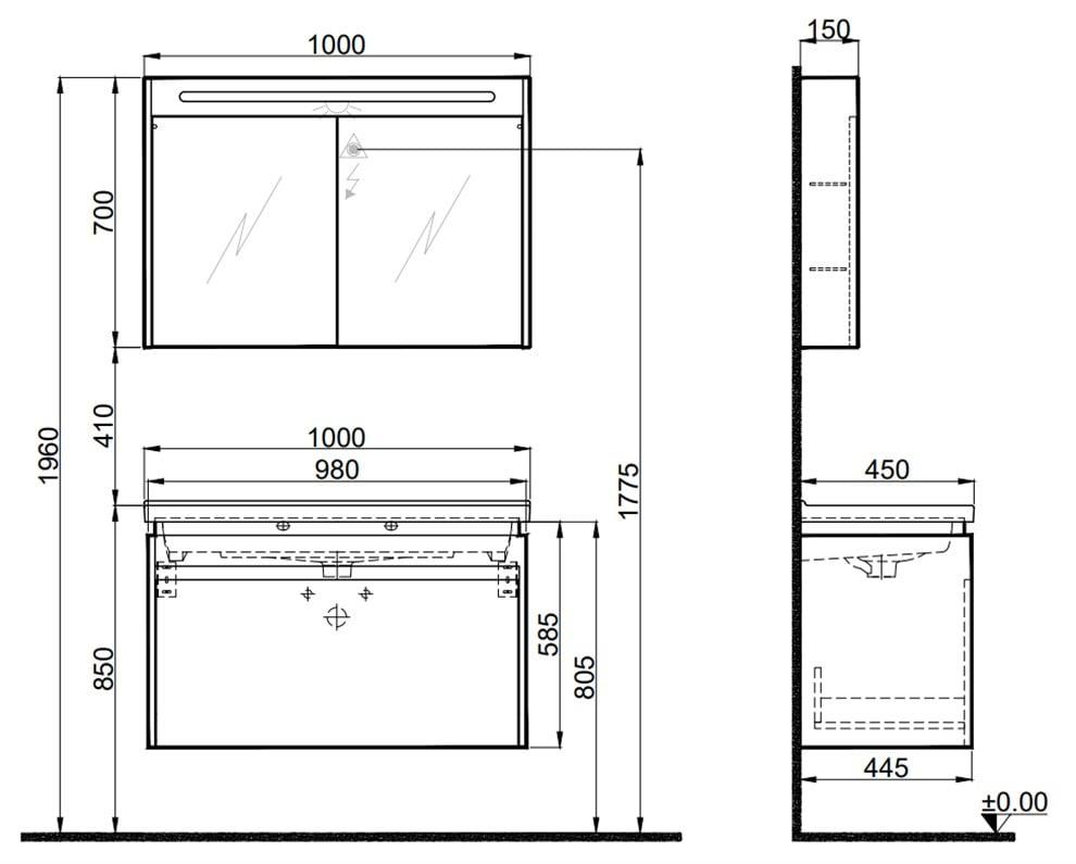 Kale Banyo İdea 2.0 (Durabad) 100Cm Set Parlak Antrasit (Tek Çekmeceli Lavabo Dolabı+Aydınlatmalı Ayna Dolabı) - 610100200495