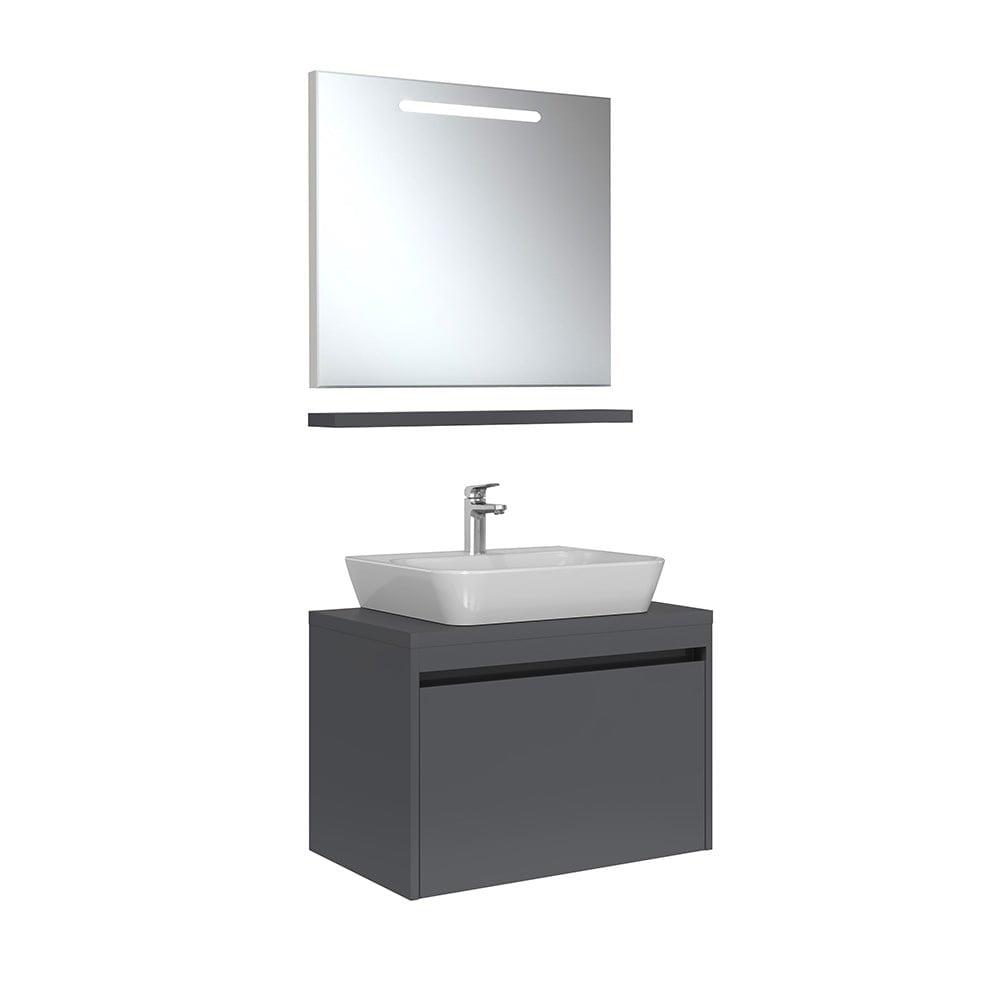Kale Banyo İdea 2.0 (Durabad) 80Cm Set Parlak Antrasit (Lavabo+Tek Çekmeceli+Çanak Lavabo+Aydınlatmalı Ayna+Etajer) - 610100200605