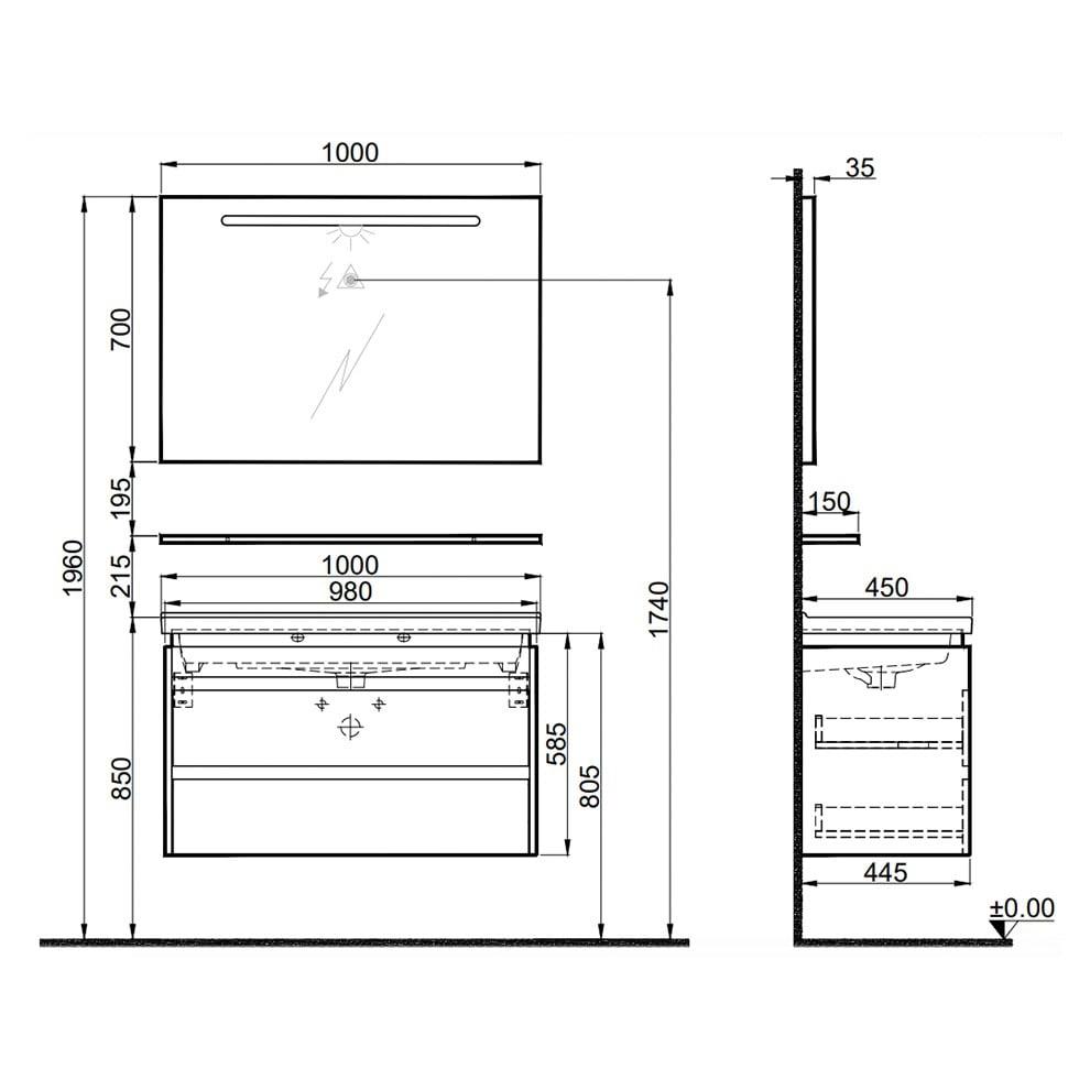 Kale Banyo İdea 2.0 (Durabad) 100Cm Set Parlak Beyaz (Çift Çekmeceli Lavabo Dolabı+Aydınlatmalı Ayna+Etajer) - 610100200530