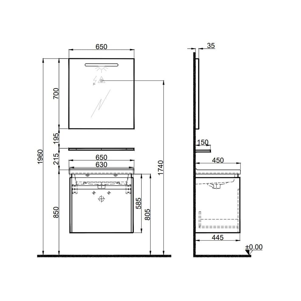 Kale Banyo İdea 2.0 (Durabad) 65Cm Set Parlak Antrasit (Lavabo+Tek Çekmeceli Lavabo Dolabı+Aydınlatmalı Ayna+Etajer) - 610100200499