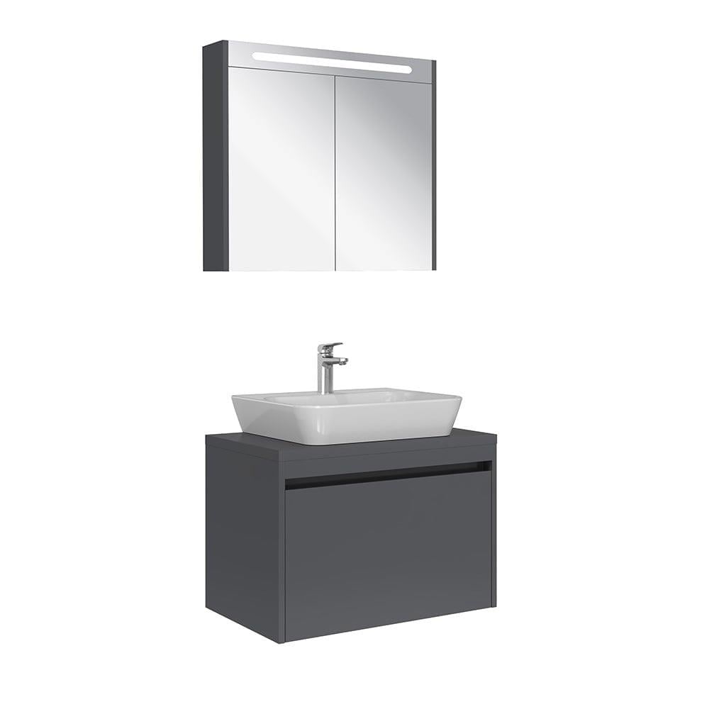 Kale Banyo İdea 2.0 (Durabad) 80Cm Set Parlak Antrasit (Lavabo+Tek Çekmeceli+Çanak Lavabo+Aydınlatmalı Ayna Dolabı) - 610100200593