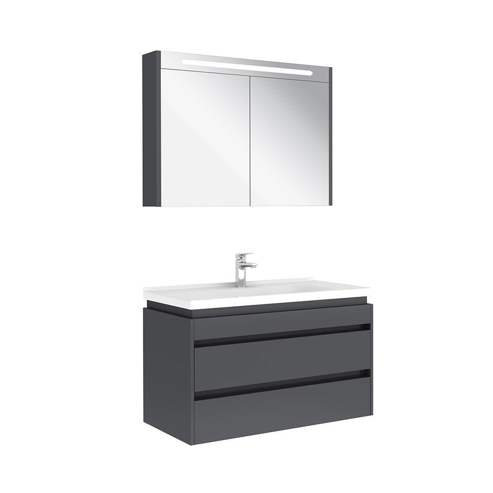 Kale Banyo İdea 2.0 (Durabad) 100Cm Set Parlak Antrasit (Çift Çekmeceli Lavabo Dolabı+Aydınlatmalı Ayna Dolabı) - 610100200519