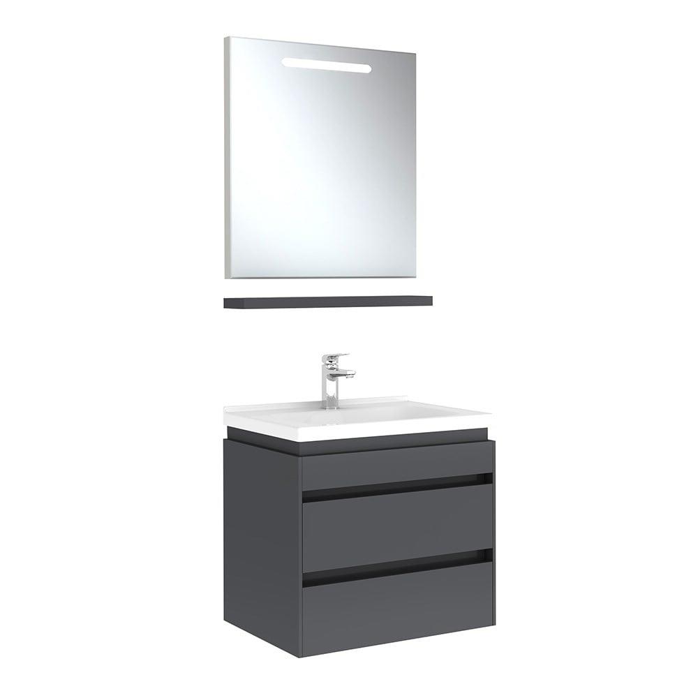 Kale Banyo İdea 2.0 (Durabad) 65Cm Set Parlak Antrasit (Lavabo+Çift Çekmeceli Lavabo Dolabı+Aydınlatmalı Ayna+Etajer) - 610100200523