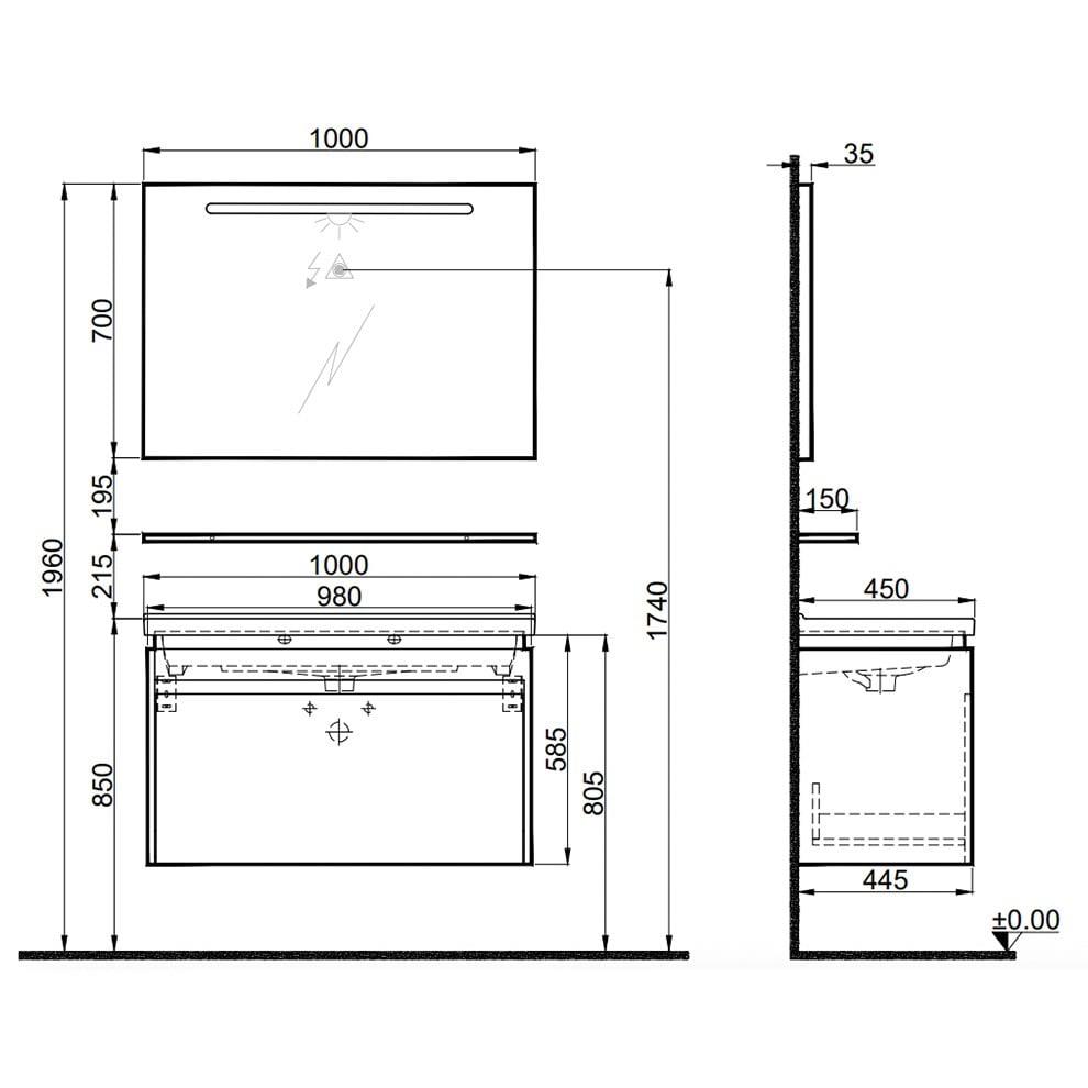 Kale Banyo İdea 2.0 (Durabad) 100Cm Set Parlak Beyaz (Tek Çekmeceli Lavabo Dolabı+Aydınlatmalı Ayna+Etajer) - 610100200506