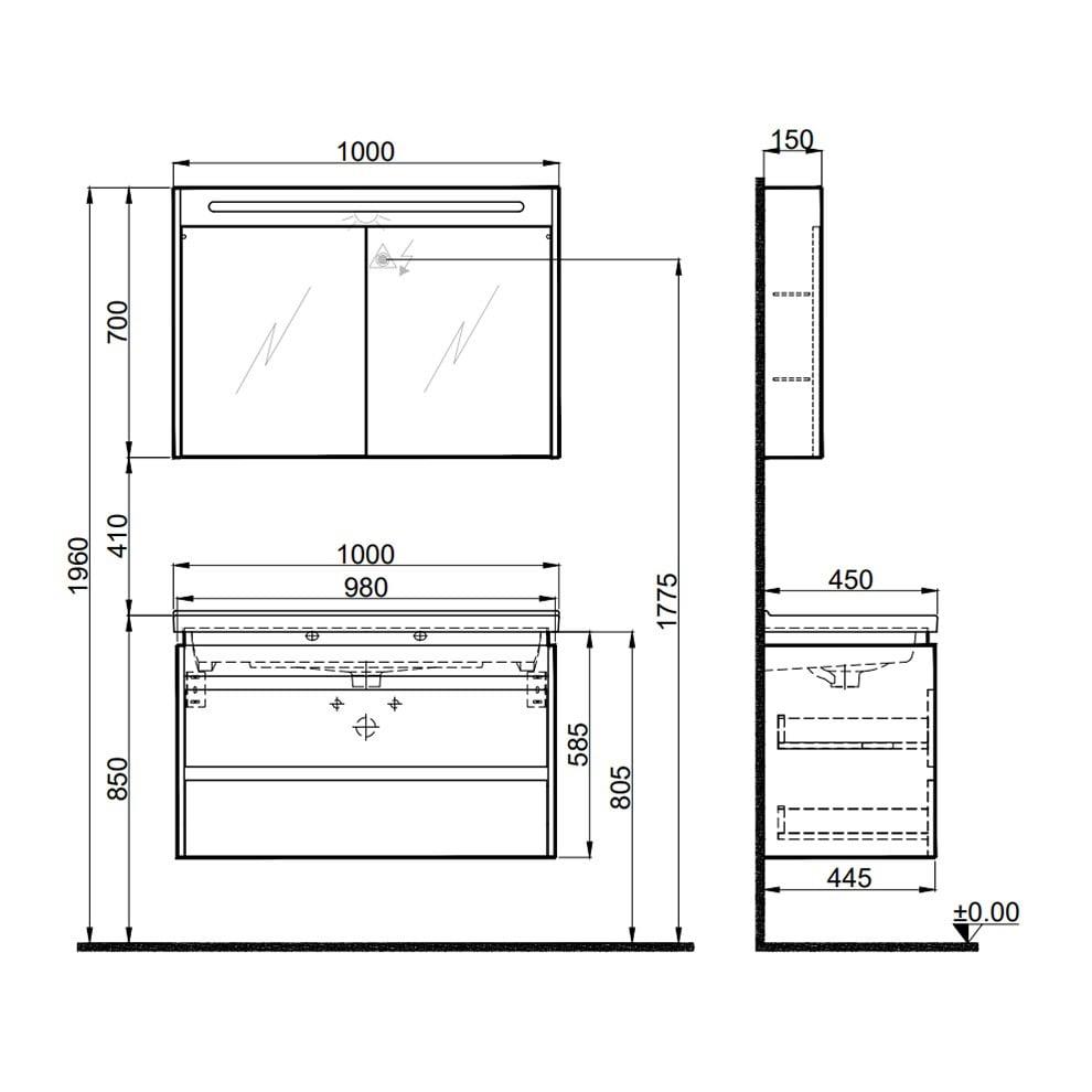Kale Banyo İdea 2.0 (Durabad) 100Cm Set Parlak Antrasit (Çift Çekmeceli Lavabo Dolabı+Aydınlatmalı Ayna Dolabı) - 610100200519