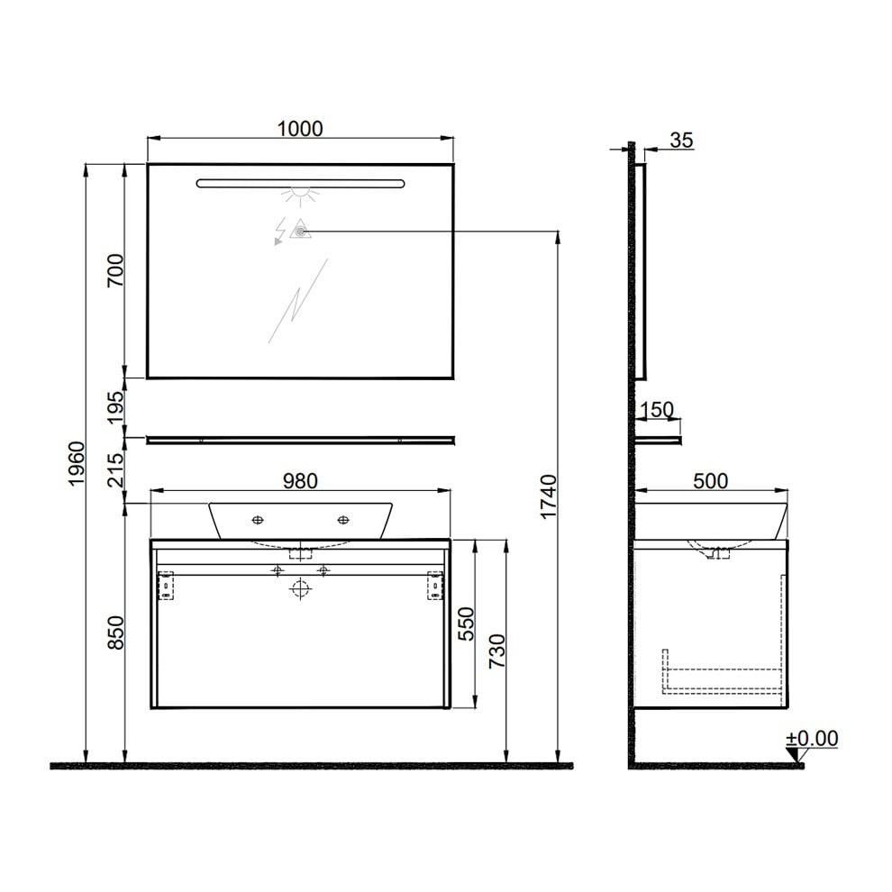Kale Banyo İdea 2.0 (Durabad) 100Cm Set Parlak Antrasit (Tek Çekmeceli+Çanak Lavabo+Aydınlatmalı Ayna+Etajer) - 610100200609